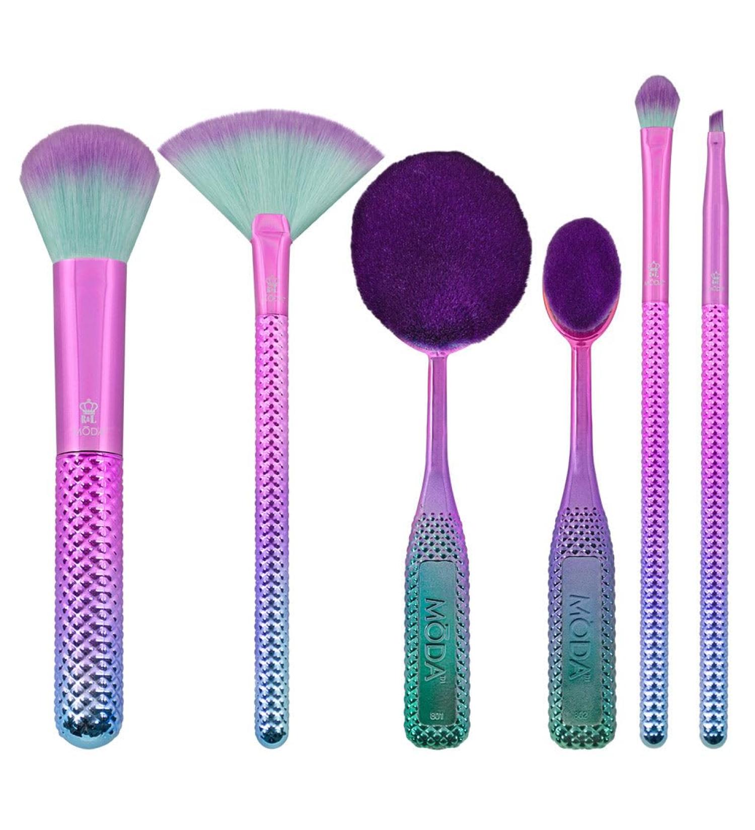 MODA Royal & Langnickel 6pc Prismatic Deluxe Makeup Brush Set - Foundation Contour Powder Fan Eye Shader & Angle Eyeliner Brushes - Pink-Teal Ombre - International Shipping - Buy Online on GoSupps.com