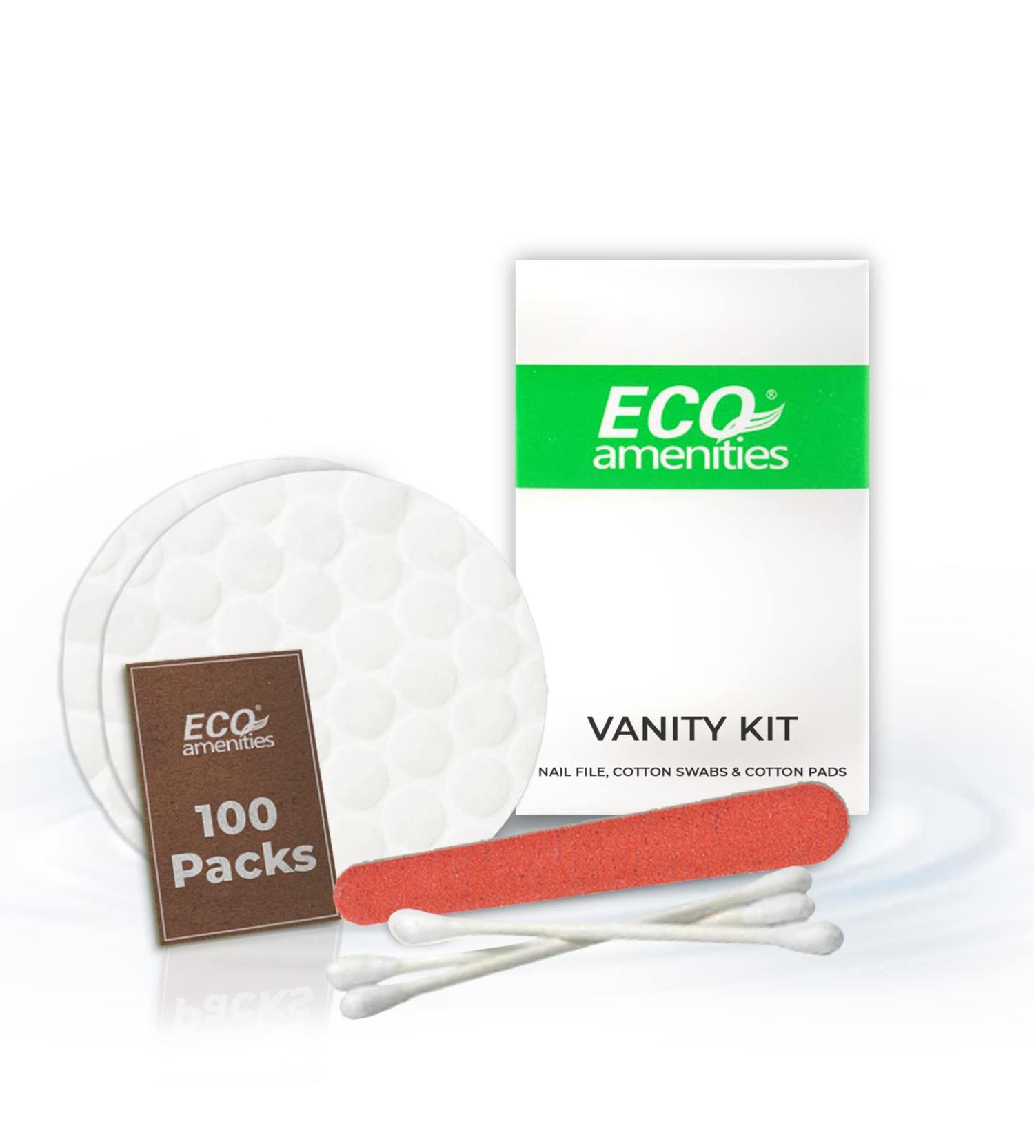 ECO Amenities Hotel Vanity Set - 100 Travel Packs of Cotton Pads, Swabs, and Nail File in Individually Wrapped Paper Boxes - Buy Online on GoSupps.com