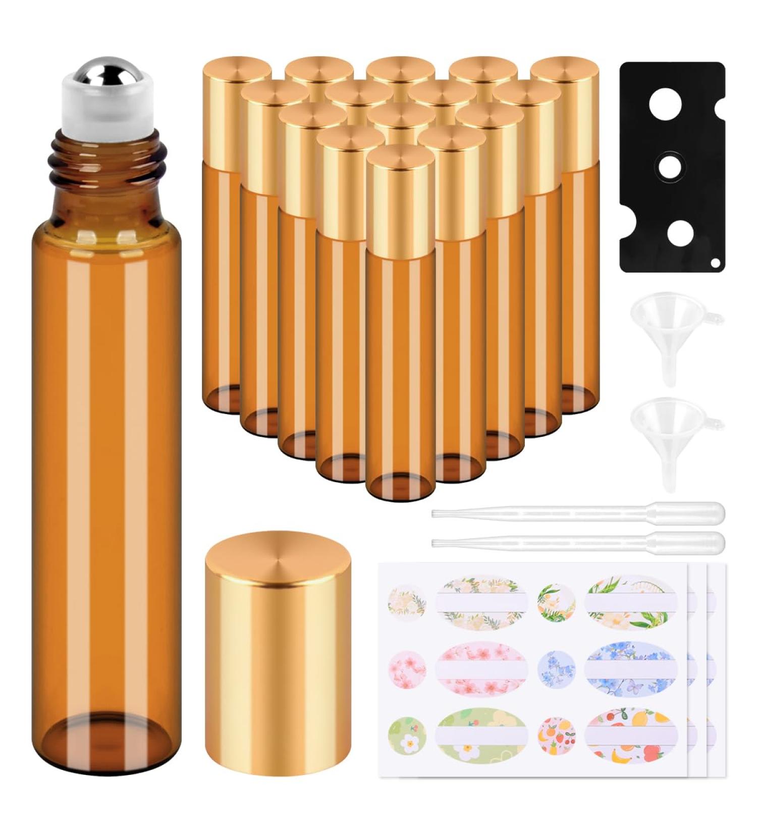 Belicoo 10ml Empty Roll-On Bottles - 15 Pack Brown Glass Essential Oil Rollers with Pipette & Stainless Steel Balls for Perfumes Aromatherapy & Massage - Golden Lid - Buy Online on GoSupps.com