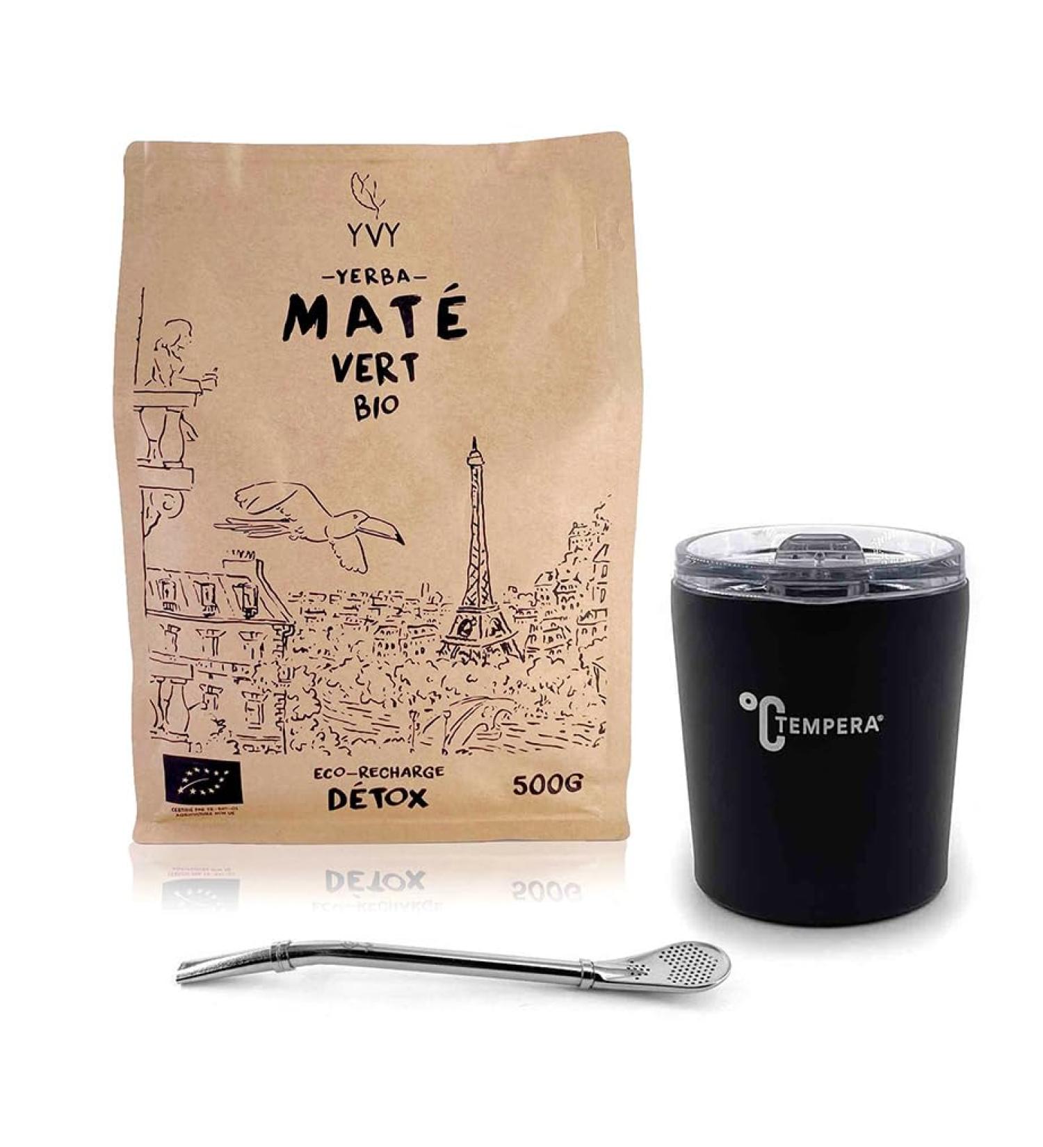 YVY MAT Kit Mat Inox Tempera | Pack Calebasse Inox Tempera Bombilla Classique et 1 poche de Yerba Mate Vert Bio 500g | Ensemble Complet pour les amateurs de mat traditionnel - Buy Online on GoSupps.com