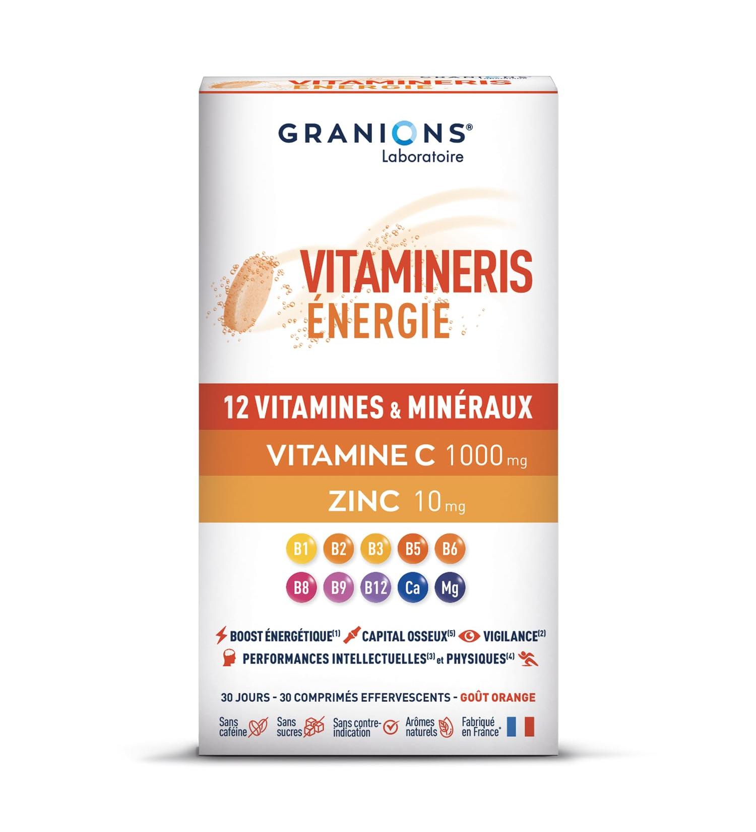 Granions Vitamineris Energy 1000mg - 30 Effervescent Tablets 30 Days - Continuous Energy - Intellectual and Physical Performance - 12 Vitamins and Minerals - Made in France - Buy Online on GoSupps.com