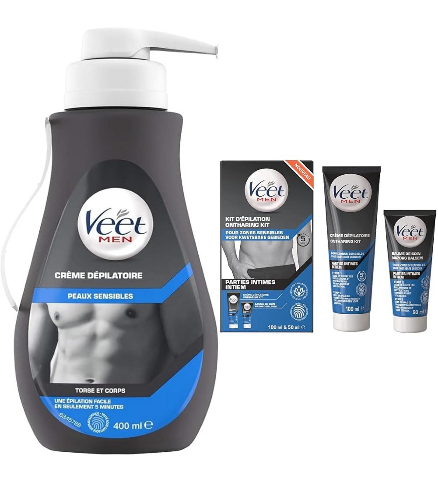 Veet VEET MEN - Set of 2 Men's Depilatory Creams for Sensitive Skin - Body & Torso 400 ml - Intimate Areas 100 ml with Aloe Vera Care Balm 50 ml