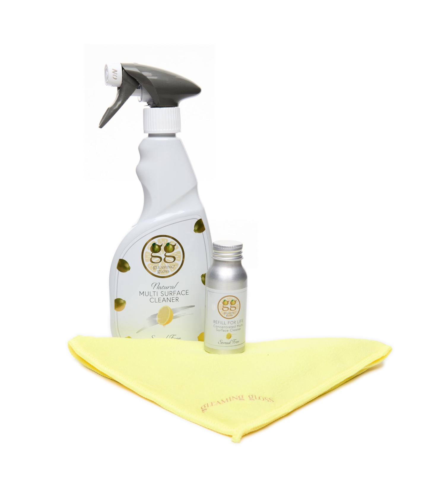 Gleaming Gloss Starter Pack Lemon scent all natural multi-surface cleaner includes 1 bottle for Eternity 1 Original concentrated solution 1 microfibre cloth vegan cruelty-free kid pet friendly