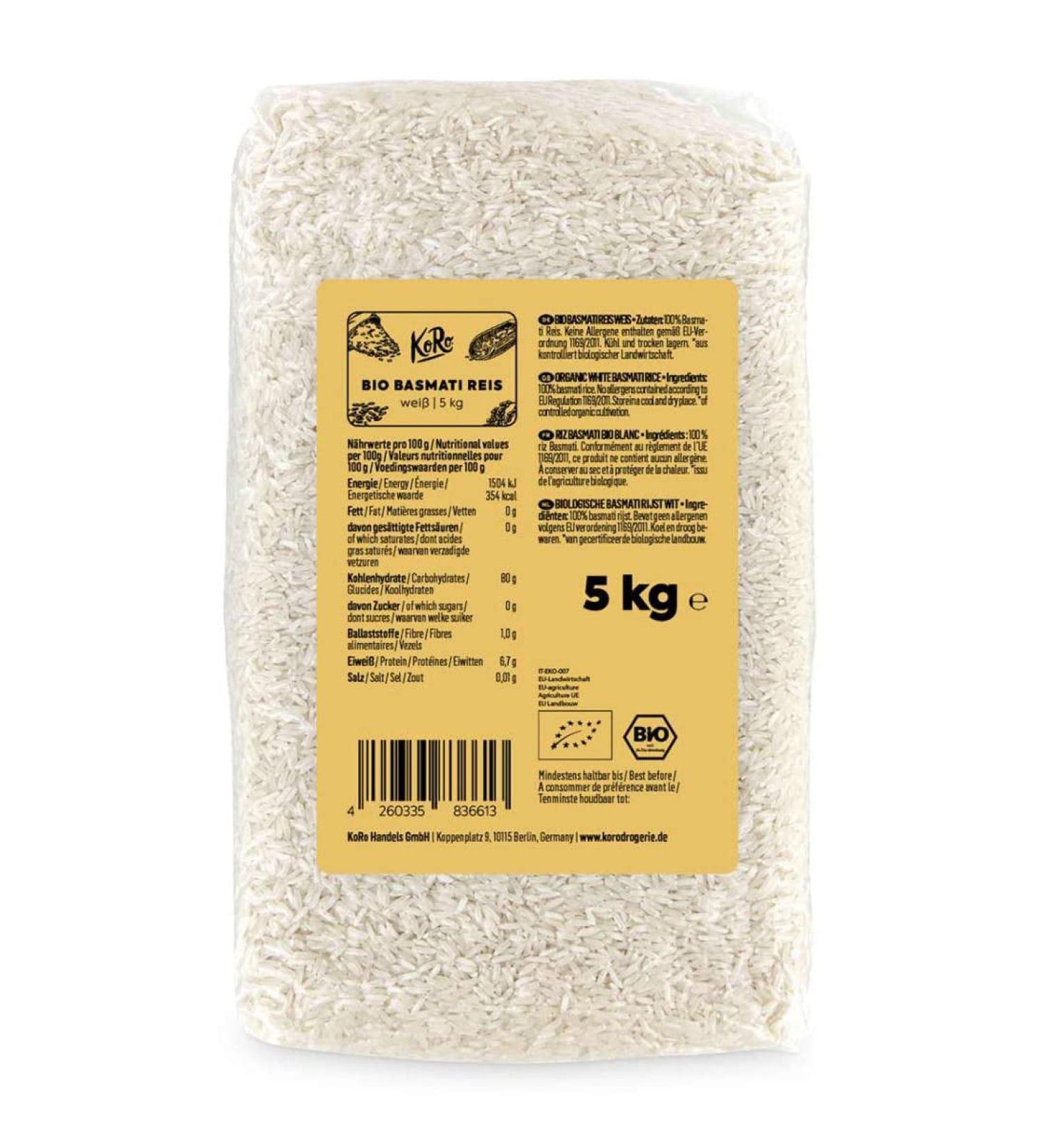 KoRo - Organic White Basmati Rice 5 kg - organic rice without additives from India aromatic and easy to cook - Buy Online on GoSupps.com