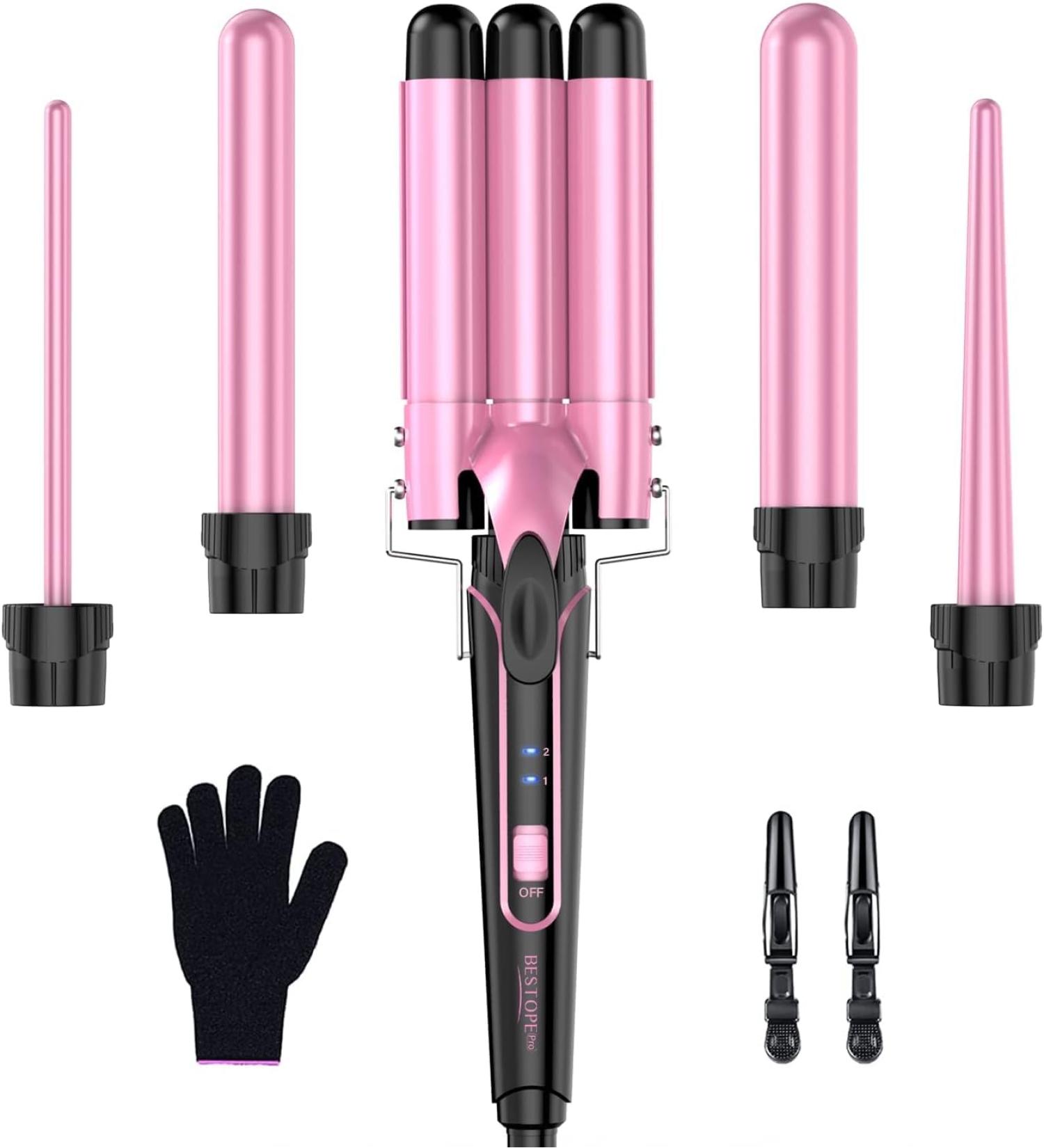 Bestope 5-in-1 Curling Iron Set - Ceramic Wave Iron & Curling Bars with Temperature Control Fast Heating 2 Clips & Gloves - Rose Gold & Pink - Buy Online on GoSupps.com