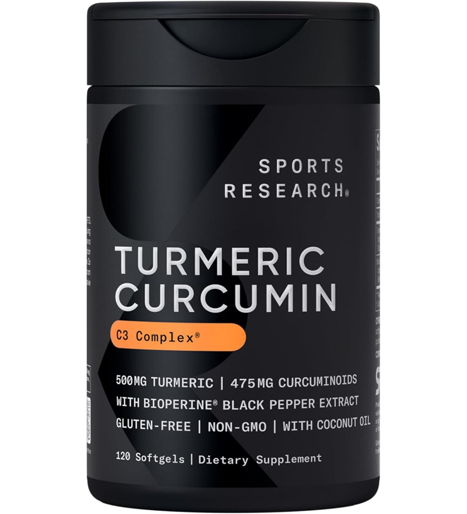 Sports Research Turmeric Curcumin C3 Complex - Softgels with Bioperine Black Pepper Extract & Organic Coconut Oil, Standardized 95% Curcuminoids - Non-GMO Verified & Gluten Free - 500mg, 120 Count - Buy Online on GoSupps.com