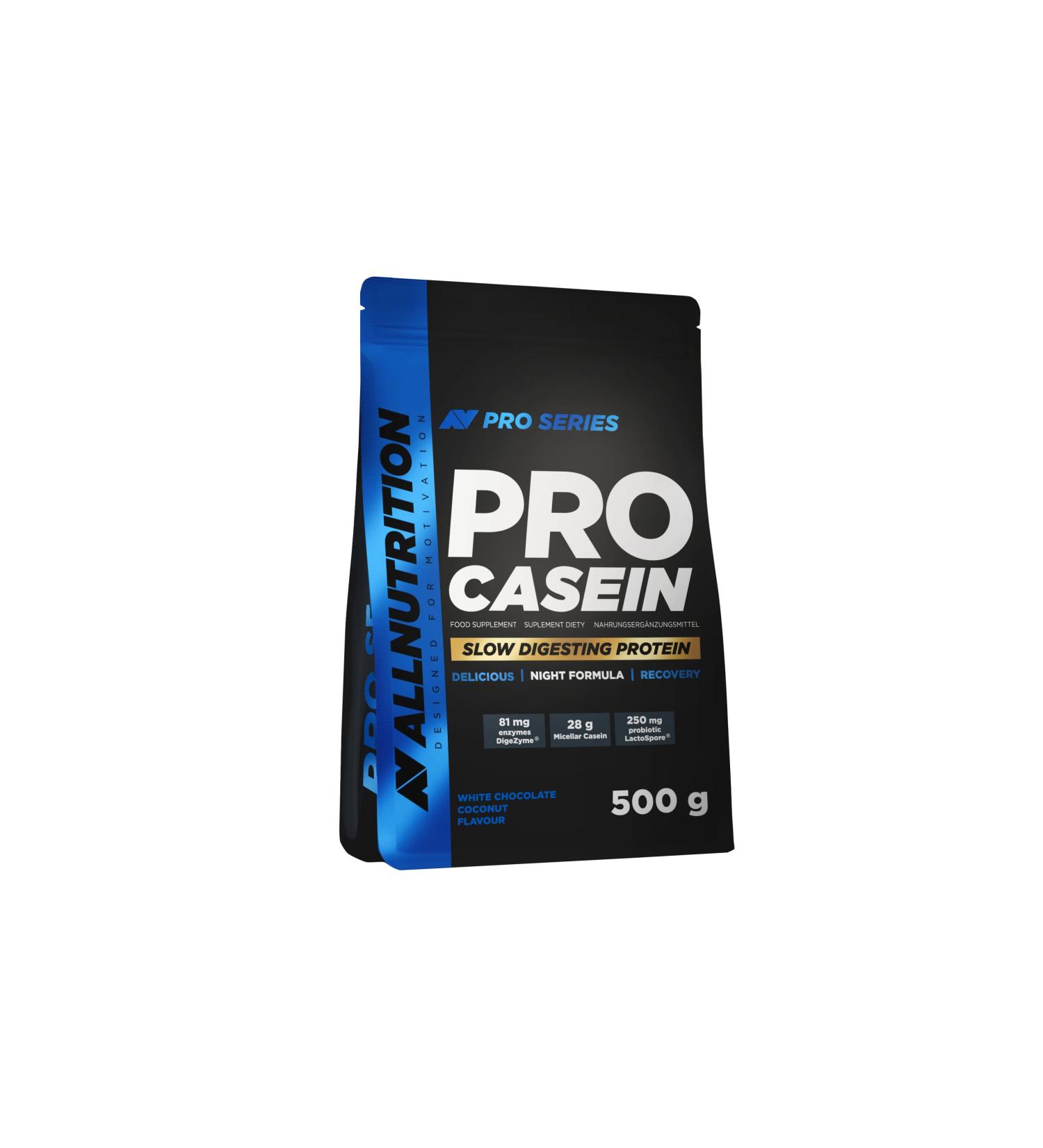 ALLNUTRITION Pro Casein Slow Digesting Protein Food Supplement - Micellar Casein with Probiotics and Enzymes - Night Formula for Muscle Recovery 500g White Chocolate Coconut