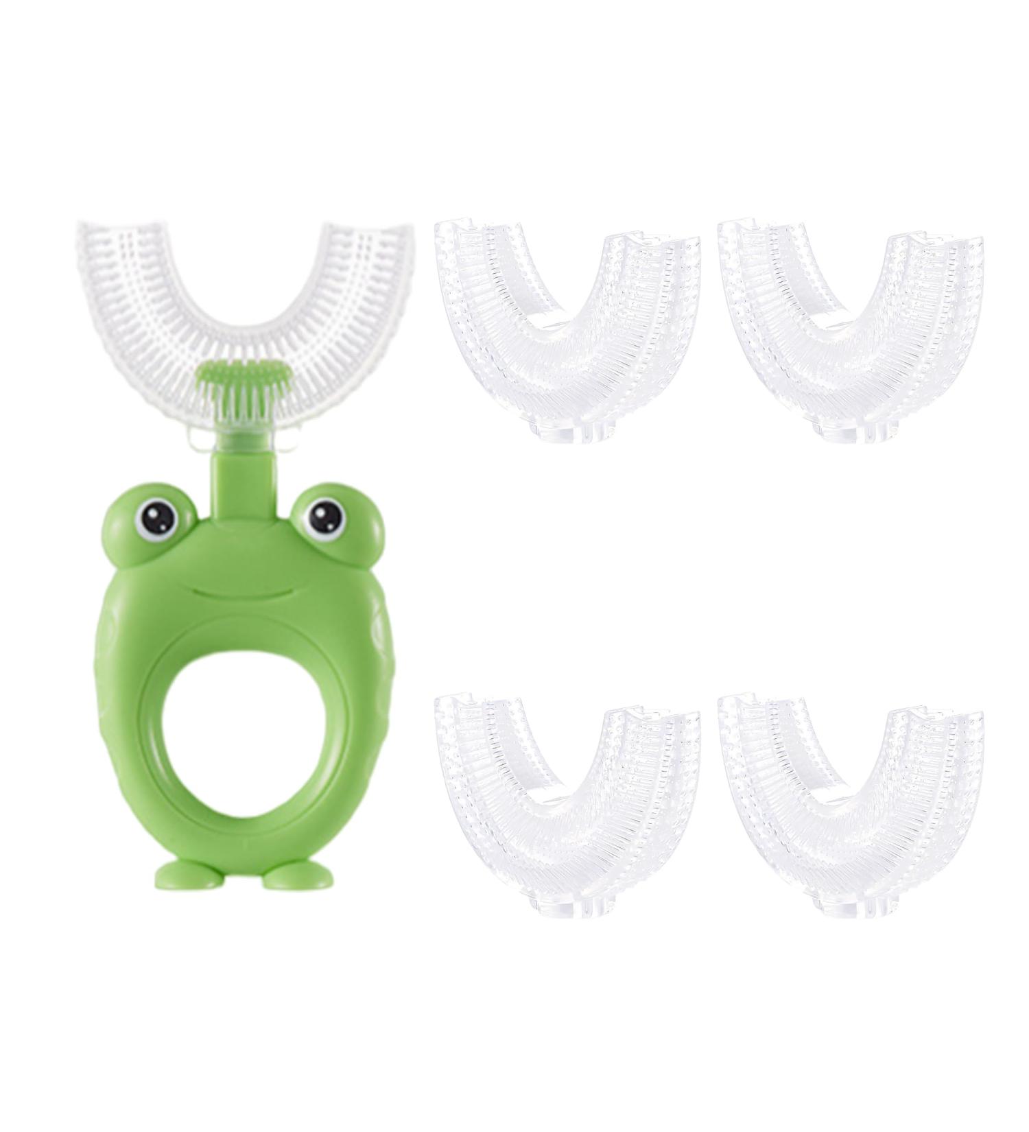 360 U-Shaped Toothbrush for Toddlers & Kids (2-8 Years) - Green Frog Design 4 Interchangeable Heads & Incentive Stickers for Effective Oral Care - Buy Online on GoSupps.com