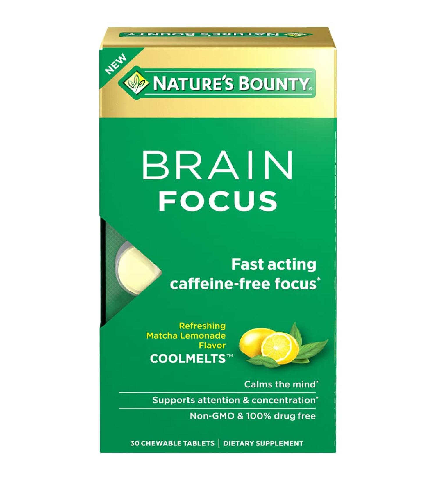 Nature's Bounty Brain Focus Nootropic Supplement | Supports Focus & Attention | Caffeine-Free with Cognizin Citicoline & L-Theanine | CoolMelt Chewable Tablets - 30 Count - Buy Online on GoSupps.com