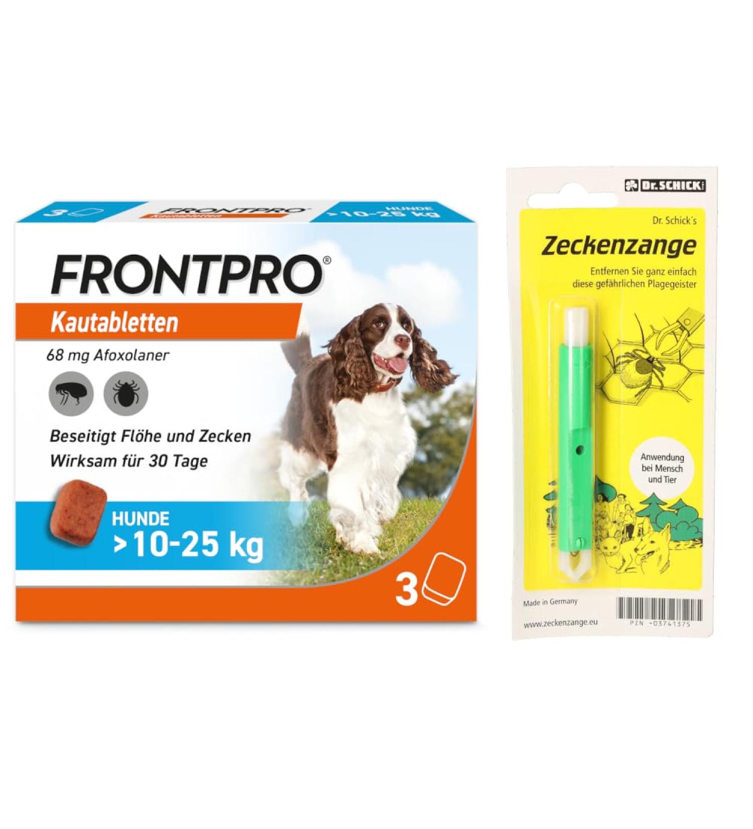 FRONTPRO Chewable Tablets for Dogs 10-25 kg | 3-Month Tick & Flea Protection | Includes Tick Tweezers - Buy Online on GoSupps.com