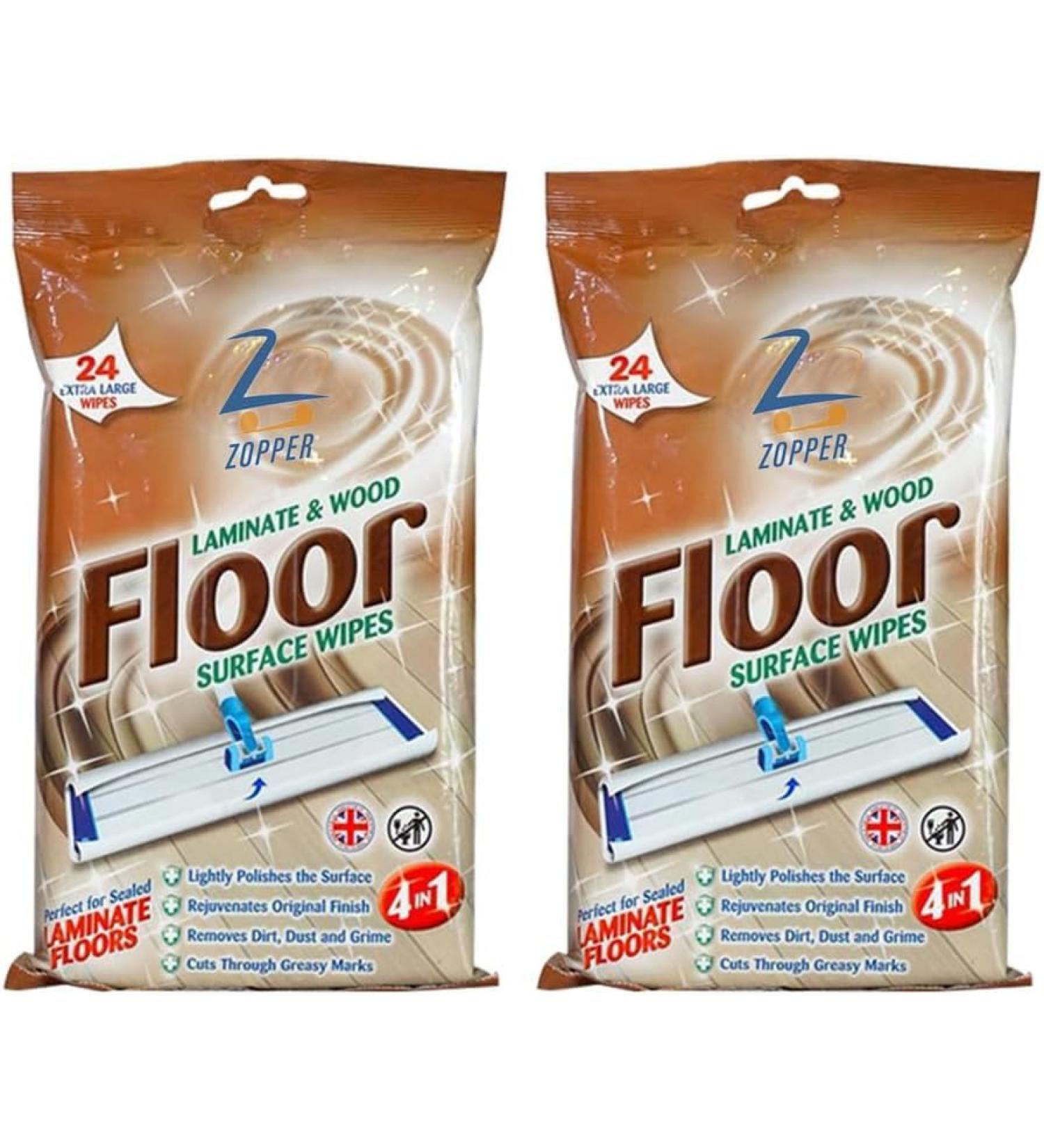 ZOPPER 2 x 24 Extra Large Laminate & Wood Floor Cleaning Wipes - Removes Grime, Dirt & Stains, Kills 99.9% of Bacteria, Quick Drying Formula - Buy Online on GoSupps.com