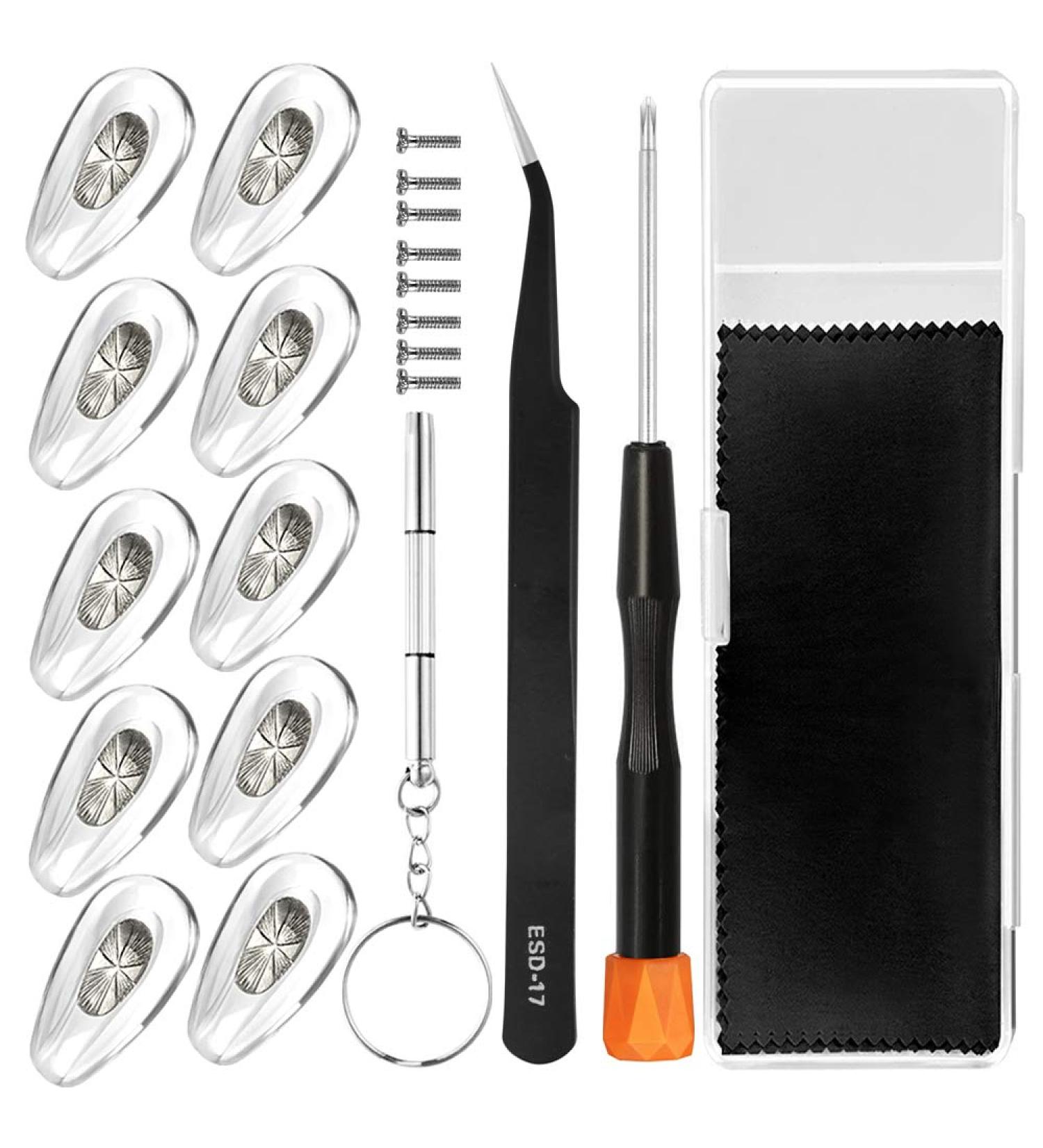 Eyeglass Nose Pads  TEKPREM Eyeglasses Repair Kit with 5 Pairs of Air Chamber Silicone Nose Pads Screws Screwdrivers Curved Tweezer and Cleaning Cloth for Glasses and Sunglasses Nose Pad Replacement - Buy Online on GoSupps.com