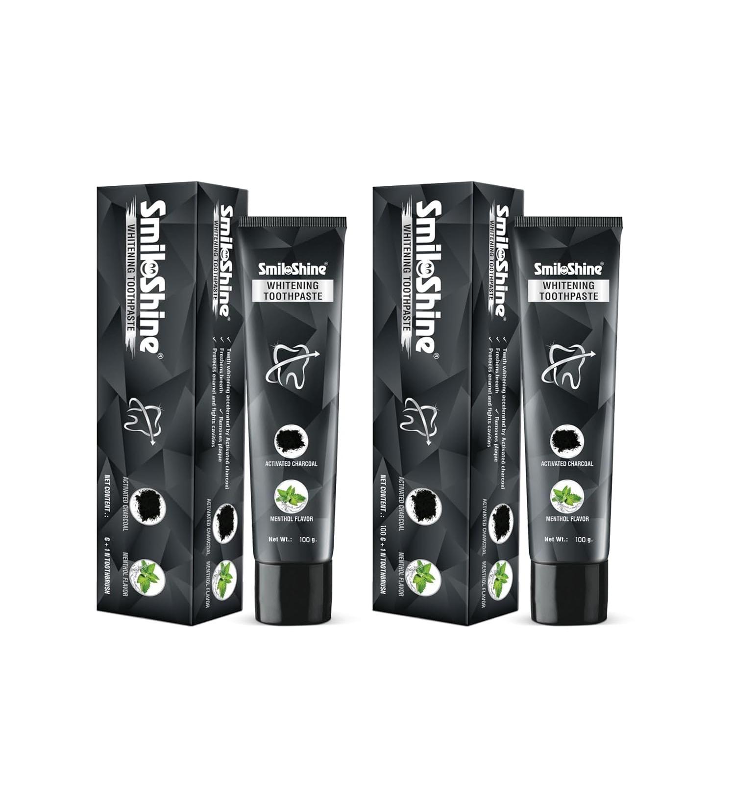 SmiloShine Charcoal Activated Whitening Toothpaste 100g with Menthol Flavor for Fresh Breath Protect Enamel & Fight Cavities | Teeth Whitening Toothpaste | Charcoal Toothpaste 100 GM Pack of 2 - Buy Online on GoSupps.com