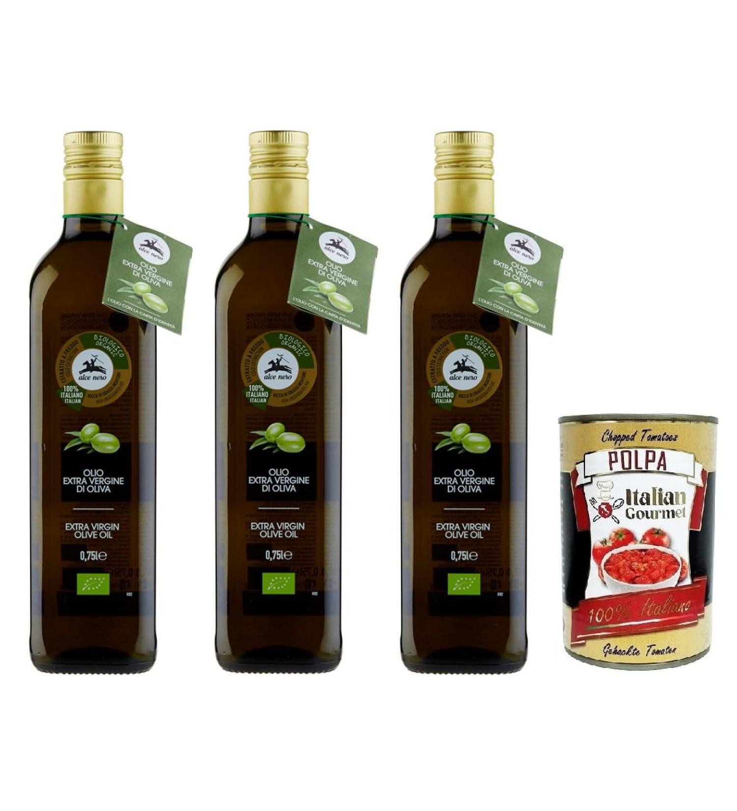 Alce Nero Olio Extra Virgin Olive Oil 100% Organic Italian Olive Oil with Organic Italian Olive Glass 750ml + 400g Gourmet Italian Gourmet Tomato Pulp - Buy Online on GoSupps.com