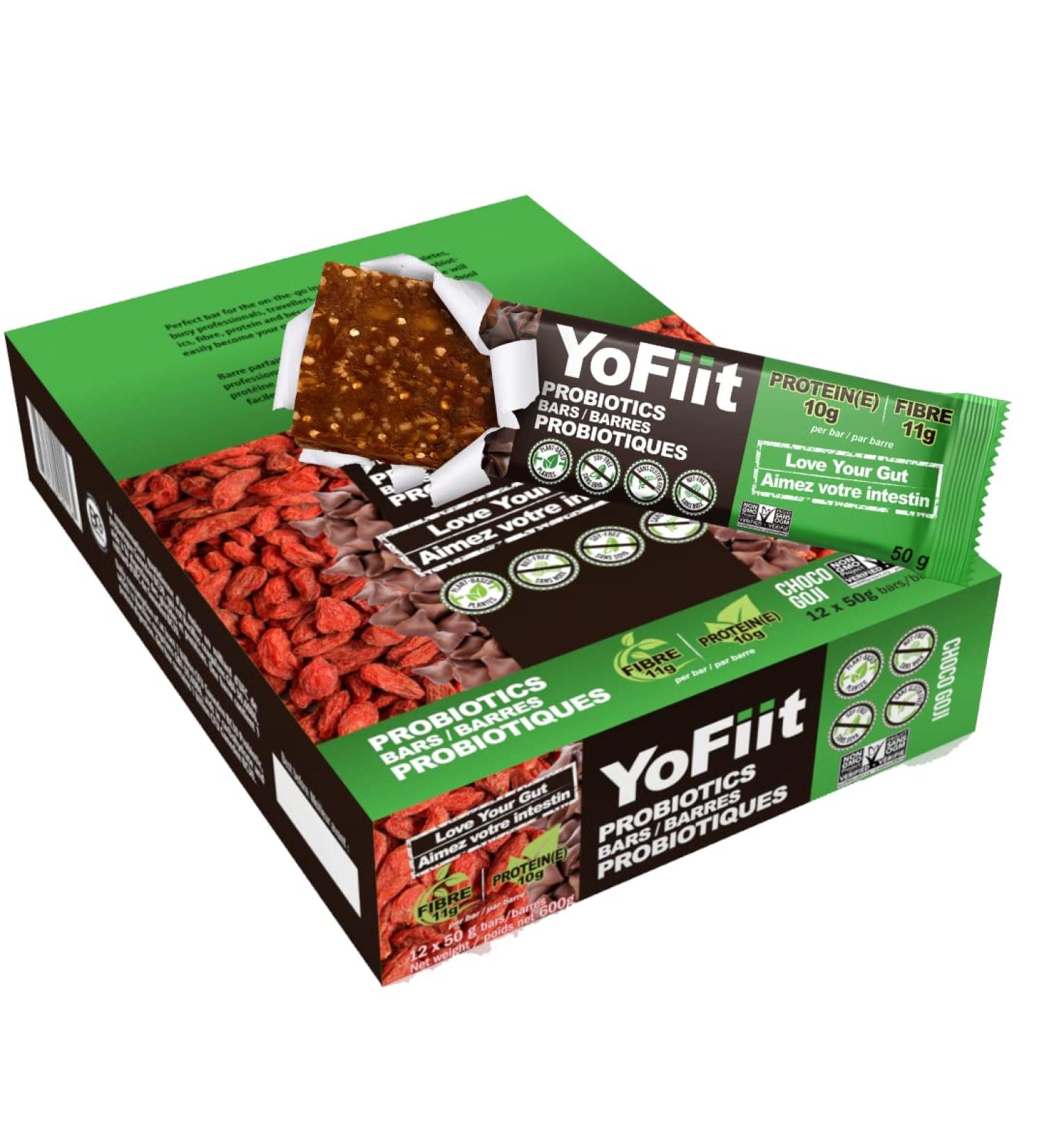 YoFiit Vegan Protein Breakfast Bars - Chocolate Goji (12 Pack) | High Fiber, Low Sugar, Gluten Free Snacks with Prebiotics & Probiotics for Healthy Digestion - Buy Online on GoSupps.com