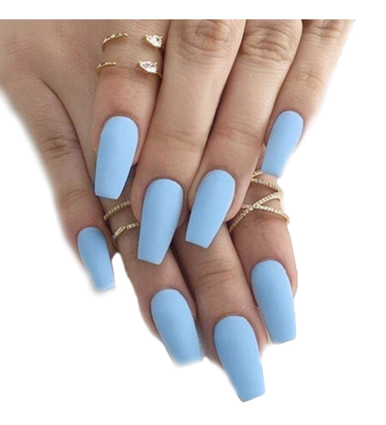 Belicey Press-On Matte Blue Coffin False Nails - 24PCS Medium Acrylic Tips for Women & Girls - Buy Online on GoSupps.com