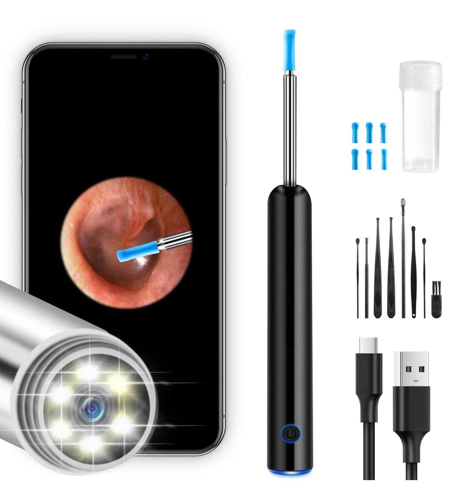 NiceBirdie 1080P Ear Wax Removal Tool with Camera and Light | Ear Cleaner Cleaning Kit with 2 Silicone Ear Scoops and 6 LED Lights - Black - Buy Online on GoSupps.com
