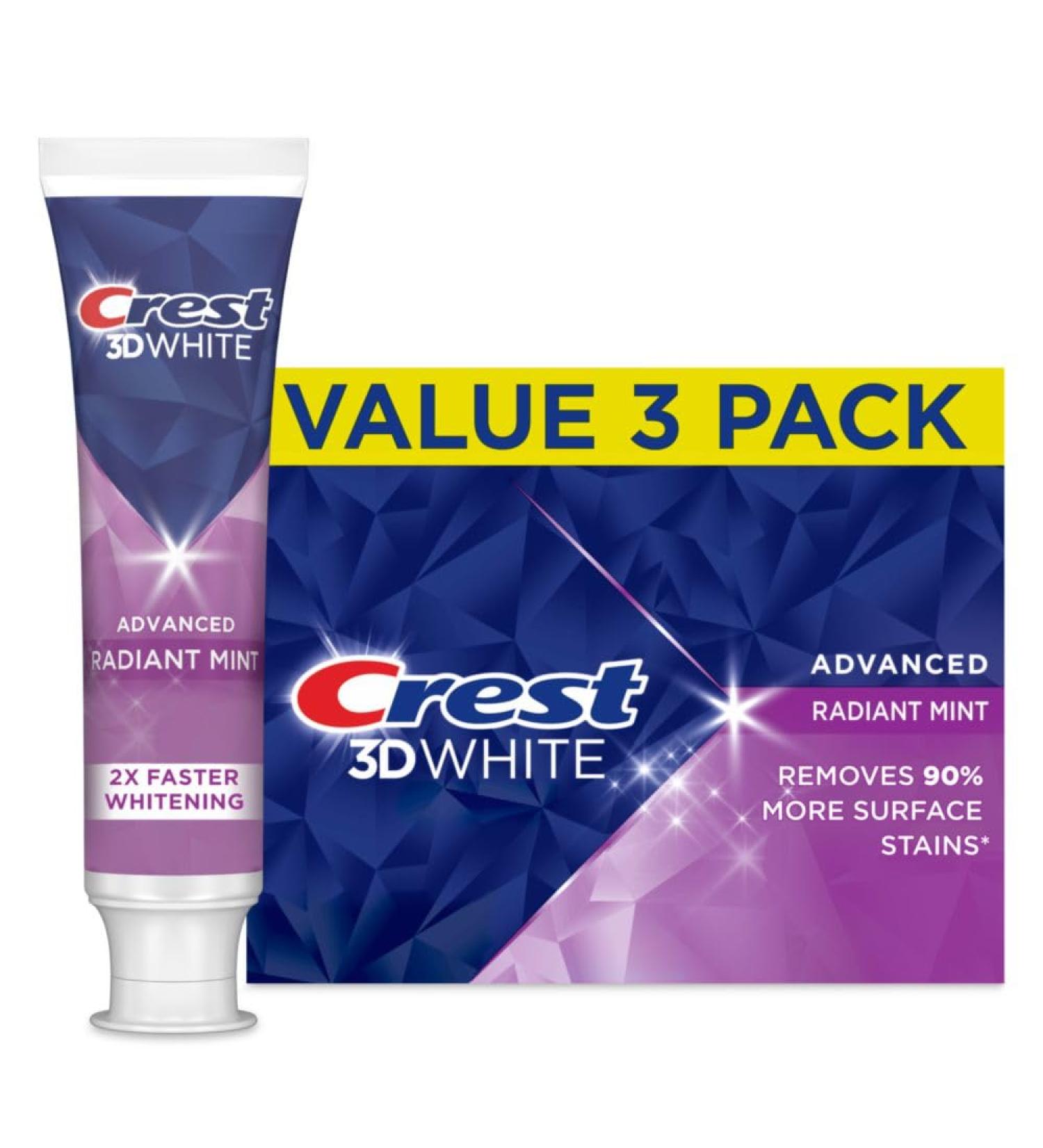 Crest 3D White Advanced Teeth Whitening Toothpaste Crest 3D White Brilliance Toothpaste Radiant Mint 3.3 oz Pack of 3 - Buy Online on GoSupps.com