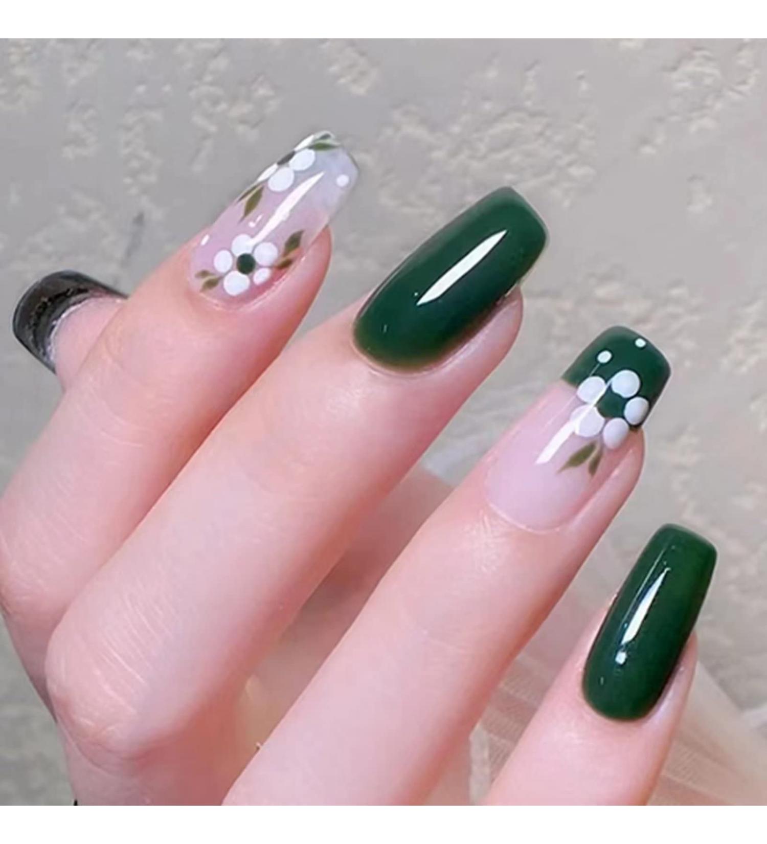 RUNRAYAY Green Medium Press On Nails with Flower | Acrylic Fake Nails for Women & Girls - Perfect for Any Occasion! - Buy Online on GoSupps.com