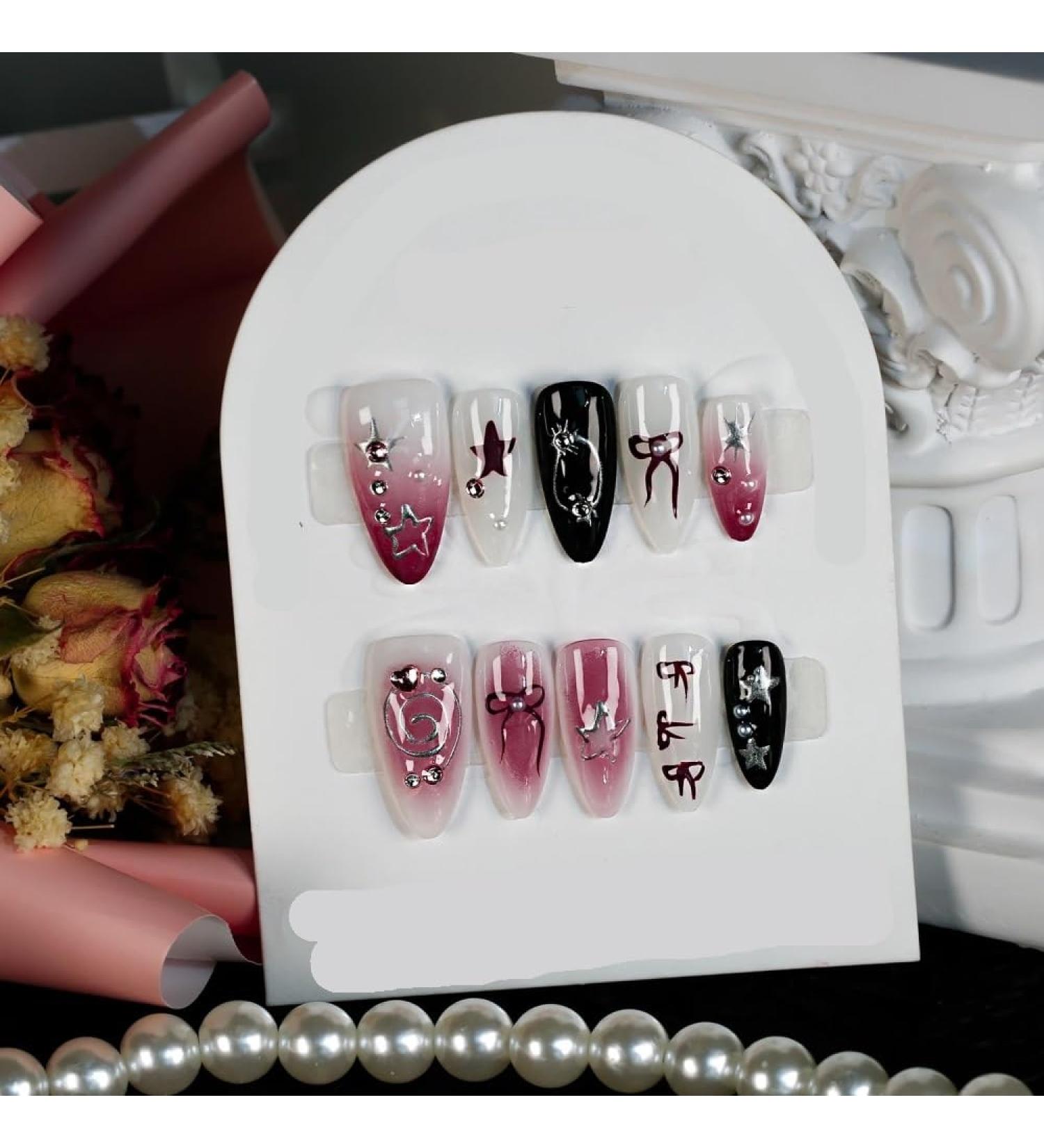 10Pc Blush Powder Almond False Nails Relief Hand drawn Bow Star Design Press on Nails Handmade Full Cover False Nail Tips(Color:1 Size:S)