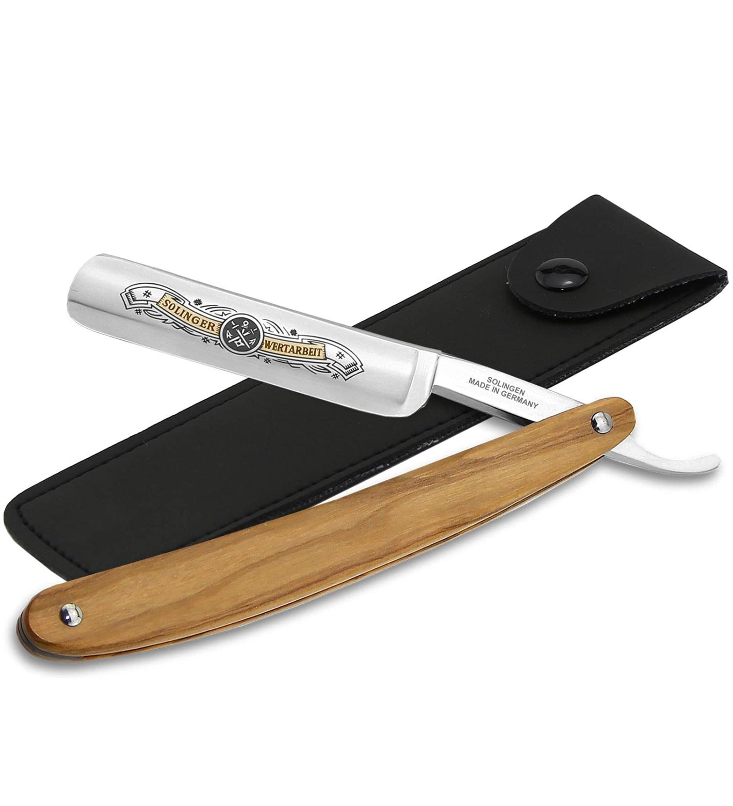 Premium Solingen Razor Set - Golden Estate Hollow Cut Beard Knife & Mustache Knife - Gentle Wet Shaving in Olive Wood Case - Made in Germany - Buy Online on GoSupps.com