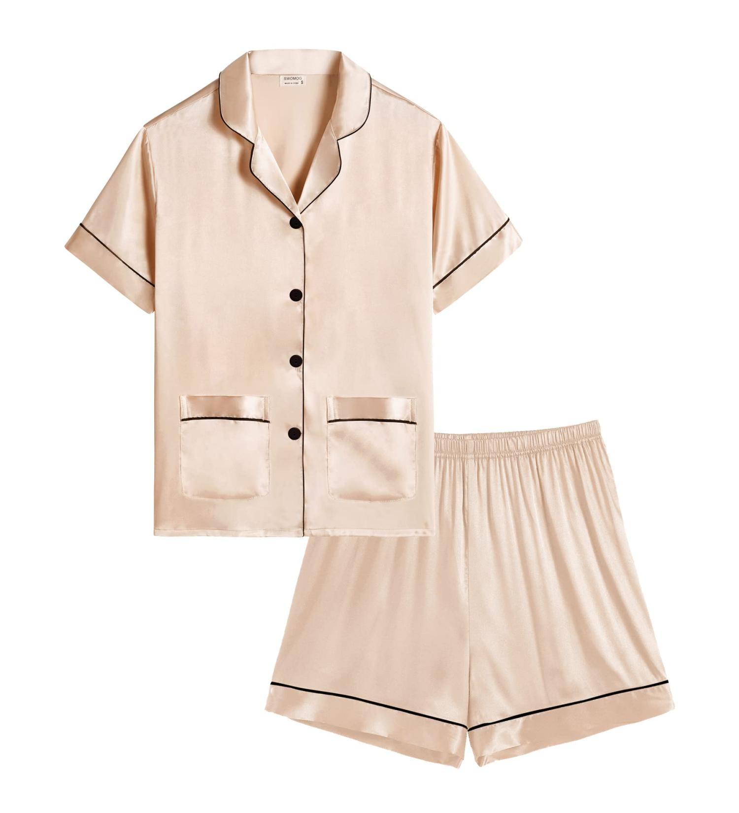 SWOMOG Kids Satin Pyjamas Set - 6-7 Years Champagne | Button-Down Silk Nightwear 2 Piece Lounge Set - Buy Online on GoSupps.com