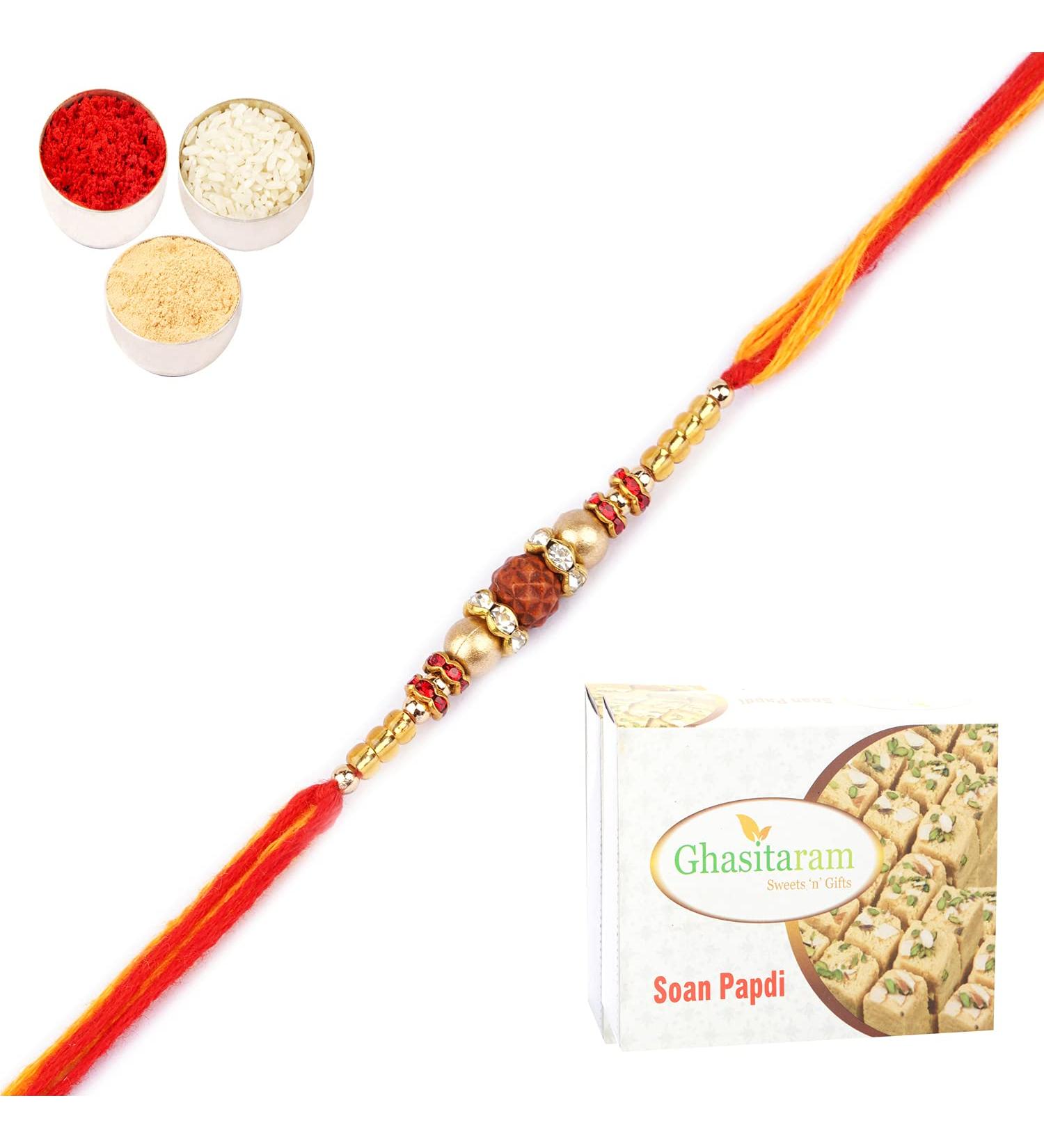 Ghasitaram Gifts Rakhi for Brother Rakhis Online - Nbh-252- Rudraksh Rakhi with 400 GMS of Soan Papdi - Buy Online on GoSupps.com