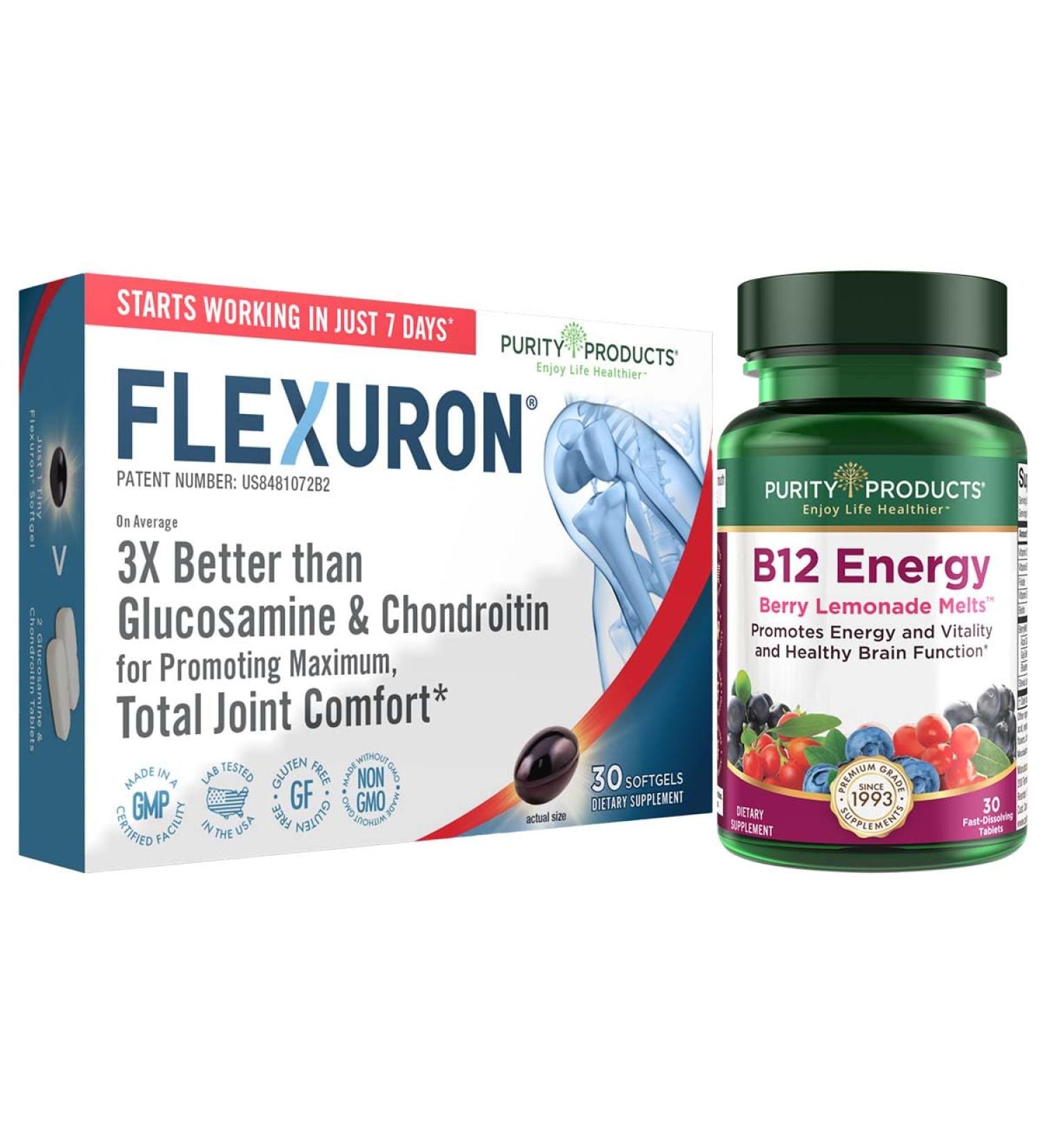 Purity Products Flexuron Joint Formula + B-12 Energy Melt Flexuron (Krill Oil Low Molecular Weight Hyaluronic Acid Astaxanthin) - B12 Energy Melt (Methylcobalamin B12 Vitamin D3 Biotin +More) - Buy Online on GoSupps.com
