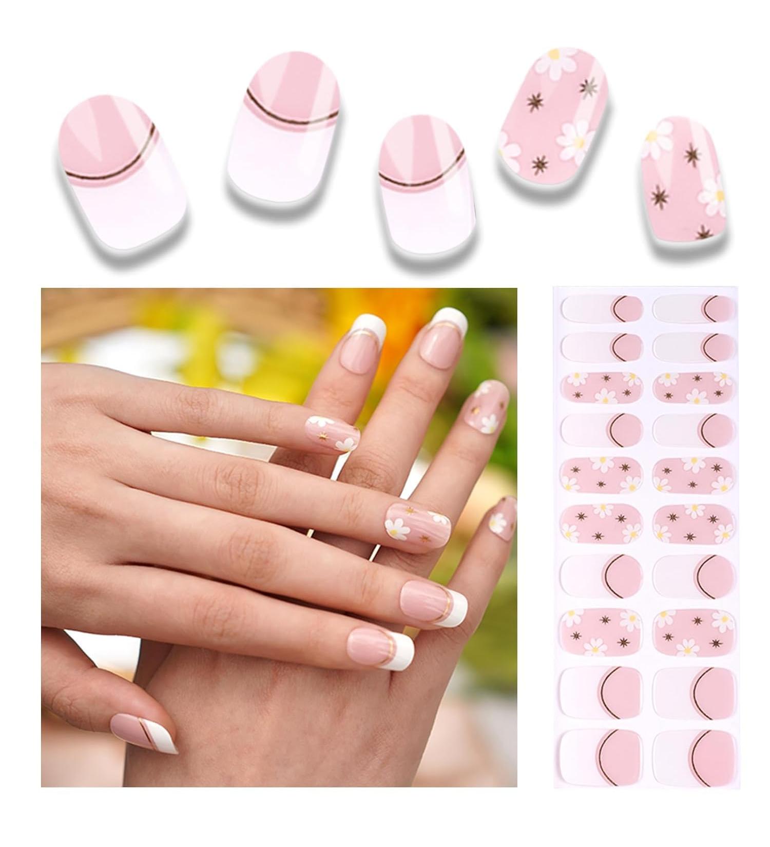 Foyute Semi Cured Gel Nail Strips 20 Pcs Soft Self-Adhesive Gel Nail Polish Wraps Sticker for Salon-Quality Manicure Set Long Lasting Easy to Apply & Remove Nail File & Wooden Stick (Flower) - Buy Online on GoSupps.com