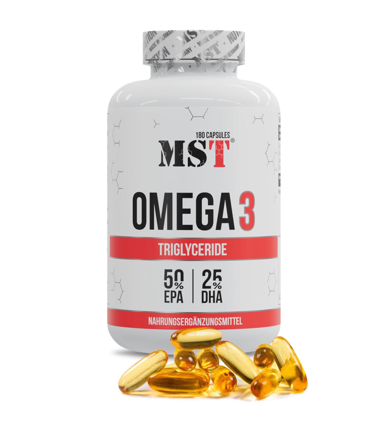 MST Omega 3 triglyceride 75 high dose 1000 mg fish oil per capsule 750 mg omega 3 fatty acids EPA + DHA better bioavailability pure & laboratory tested 180 capsules - Buy Online on GoSupps.com
