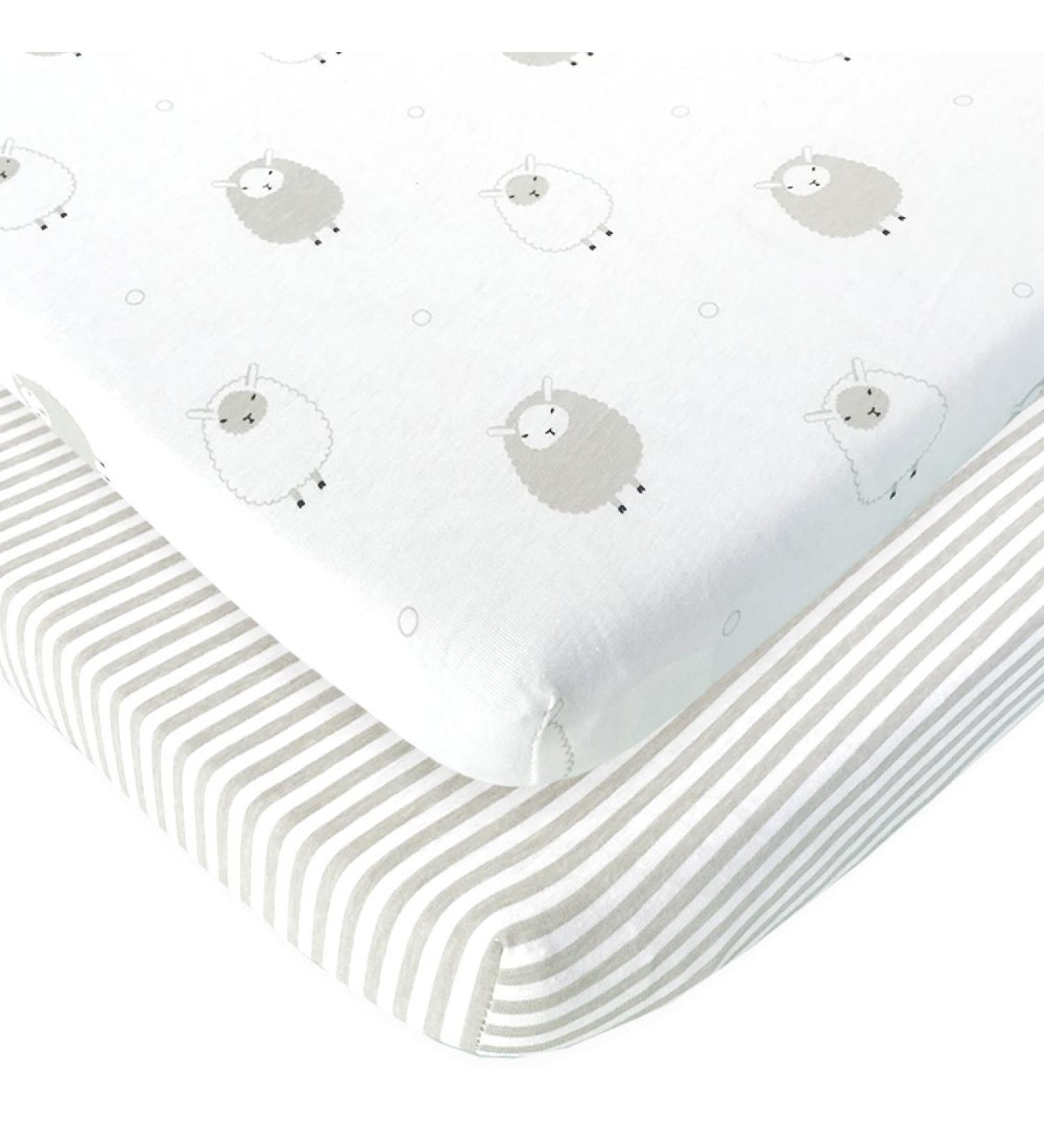 Joey + Joan Pack and Play Sheets - 2 Pack Fitted Sheets for 4moms Breeze Plus & Breeze Go Playard - Grey Lamb/Stripes Design - Fits Up to 30 x 43 Inch Mattress - Buy Online on GoSupps.com