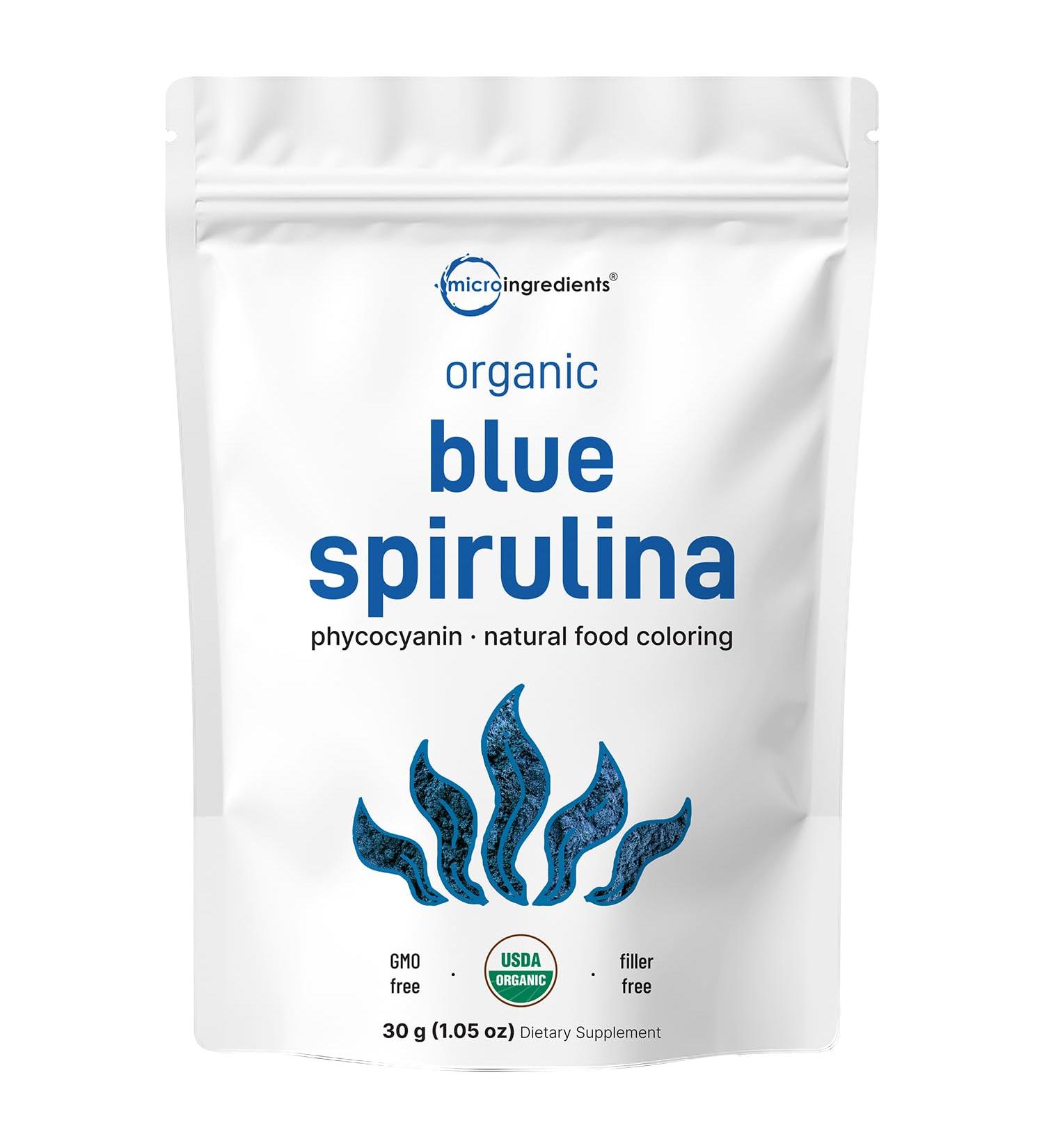 Organic Blue Spirulina Powder (Phycocyanin Extract) 30 Servings - No Fishy Smell 100% Vegan Protein from Blue-Green Algae Natural Luminous Food Coloring for Smoothies Baking Drinks & Cooking 1.06 Ounce (Pack of 1) - Buy Online on GoSupps.com
