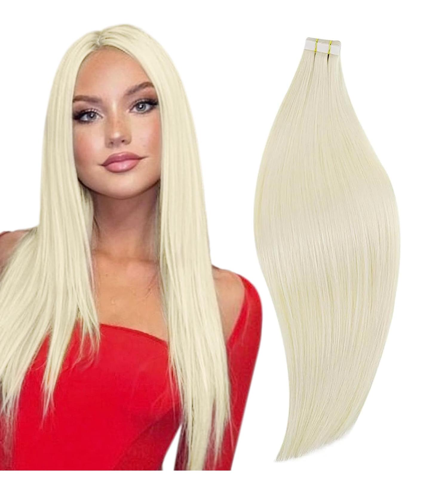 RUNATURE Platinum Blonde Tape in Human Hair Extensions - 14 Inch Remy Straight Hair, 40g #60 - Buy Online on GoSupps.com