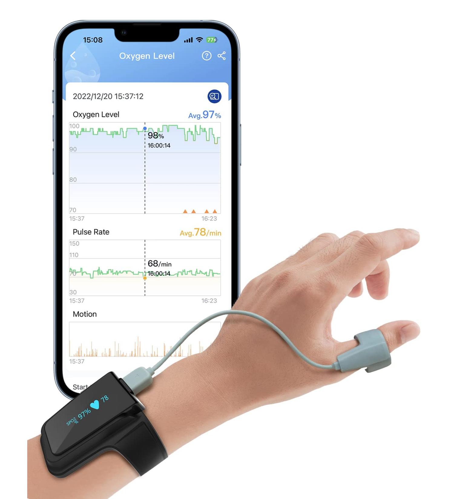 Bluetooth Pulsoximeter - 72-Hour Battery Portable Oxygen Saturation Monitor for Finger & Wrist Free Sleep App & PC Report - Buy Online on GoSupps.com