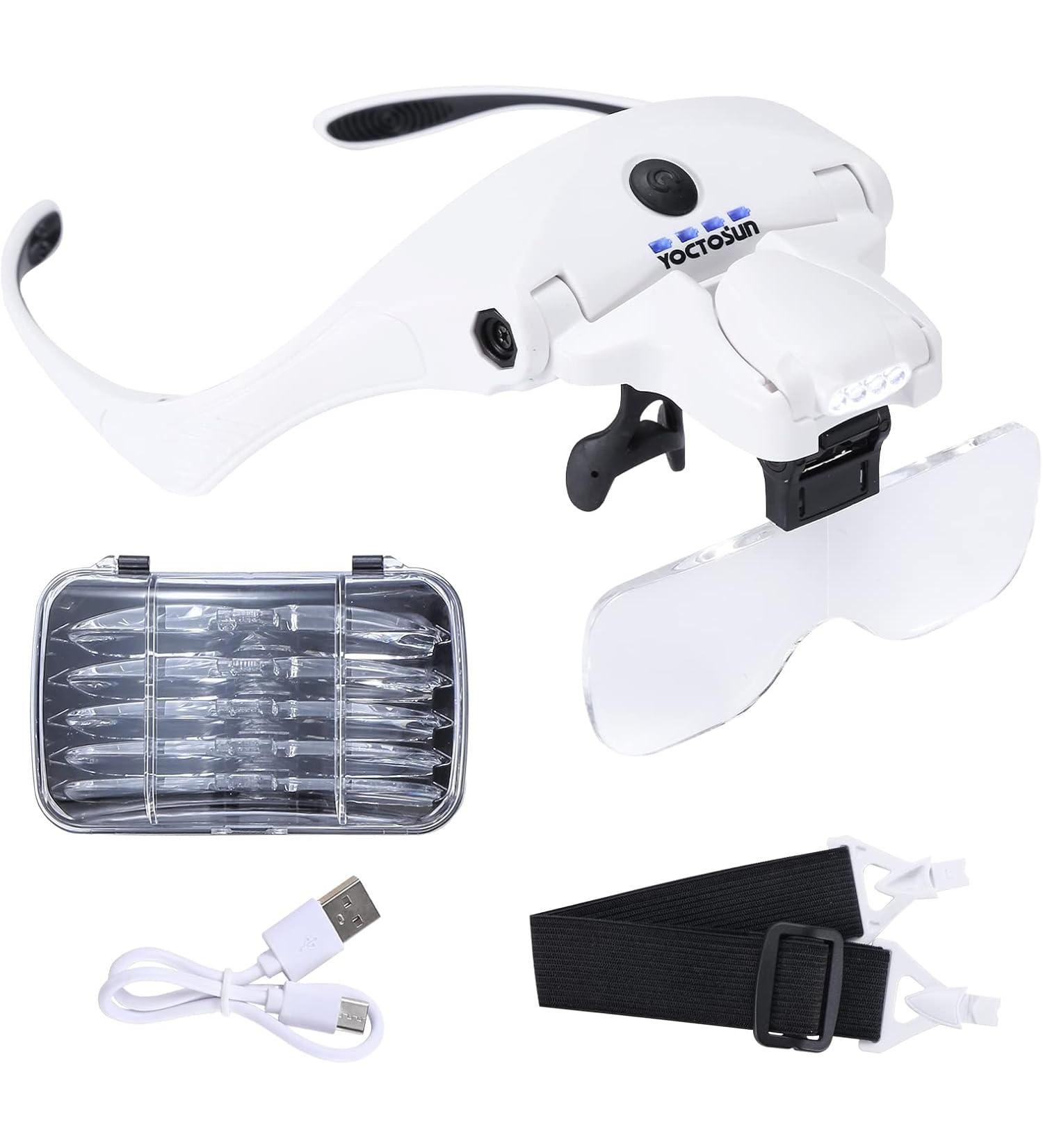 YOCTOSUN Magnifying Glasses with 4 LED Lights Headband Magnifier with 5 Detachable Lenses 1X 1.5X 2X 2.5X 3.5X Rechargeable Hands Free Lighted Head Magnifier Glass for Crafts - White - 13.1 Oz - Buy Online on GoSupps.com