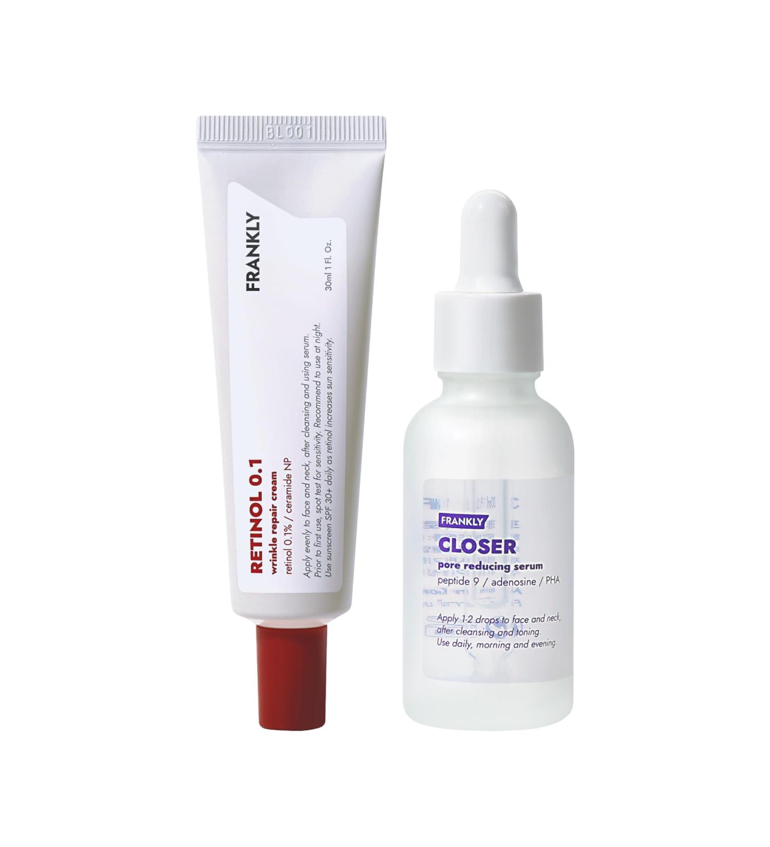 FRANKLY Glowing Skin Duo Retinol 0.1% Cream & Closer Pore Minimizing Serum | PHA Peptide 9 Adenosine | Anti-Wrinkle & Pore Care | Skincare Gifts for Women - Buy Online on GoSupps.com