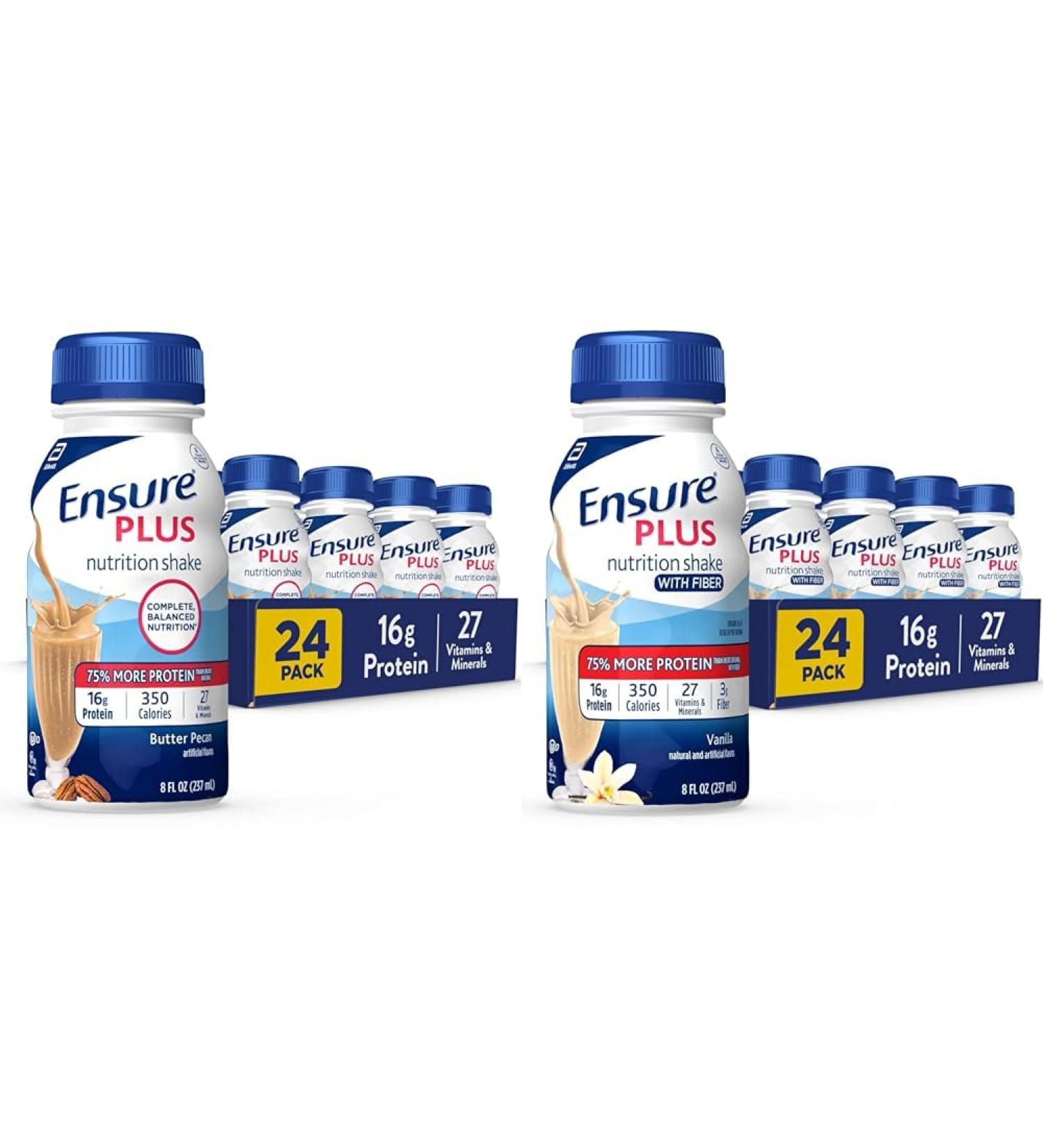 Ensure Plus Nutrition Shake with 16 grams of protein & Ensure Plus Liquid Nutrition Shake with Fiber 16 Grams of Protein Vanilla 8 Fl Oz Bottle (Pack of 24) Butter Pecan + Shake Pack of 24 8 Fl Oz (Pack of 24) - Buy Online on GoSupps.com