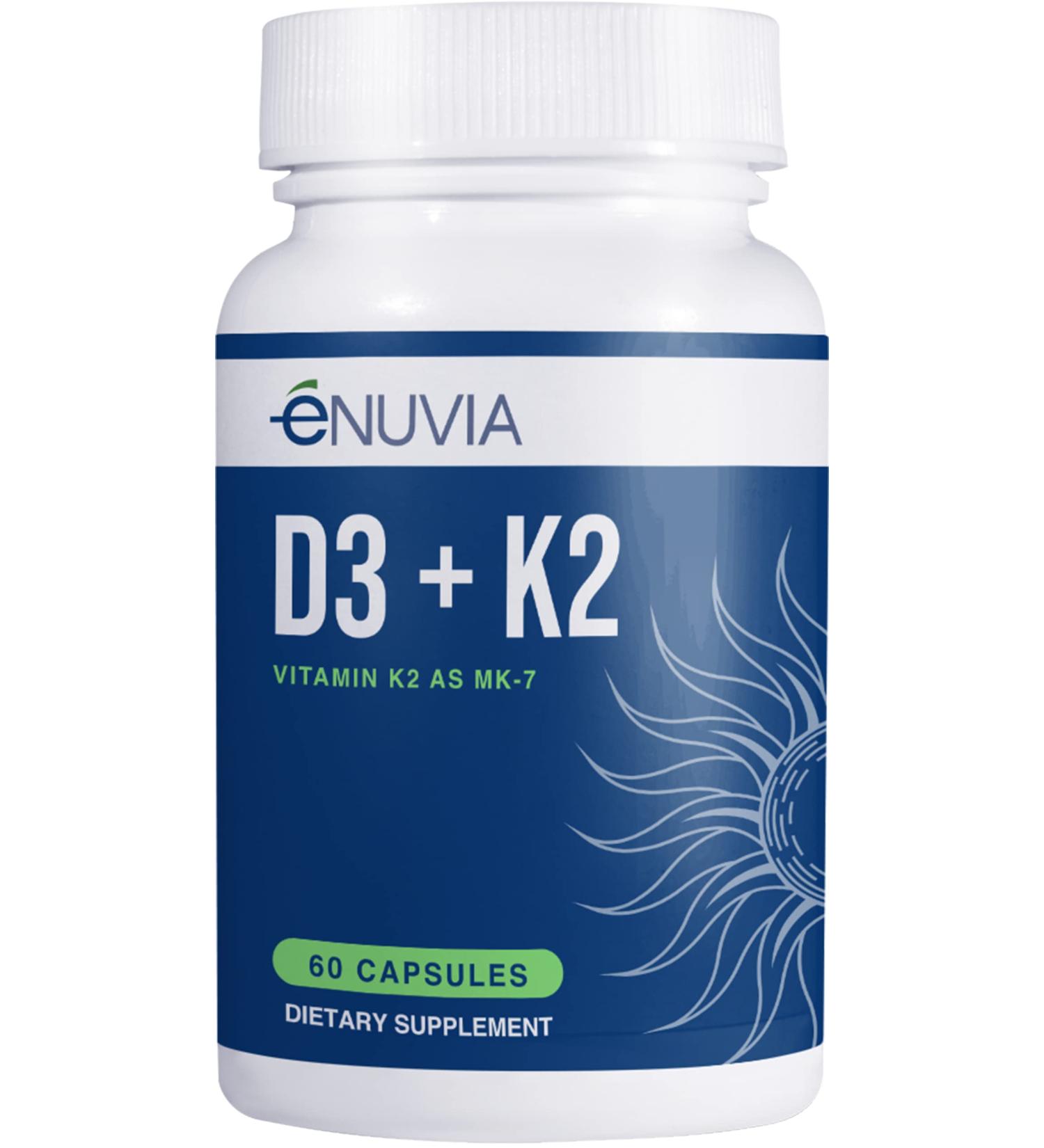 Enuvia D3+K2 - Vitamin D3 K2 Supplement for Women and Men - 60 Veggie Capsules - with Bioperine Black Pepper Extract - Supports Maximum Calcium Absorption and Heart and Bone Health - Made in The USA - Buy Online on GoSupps.com