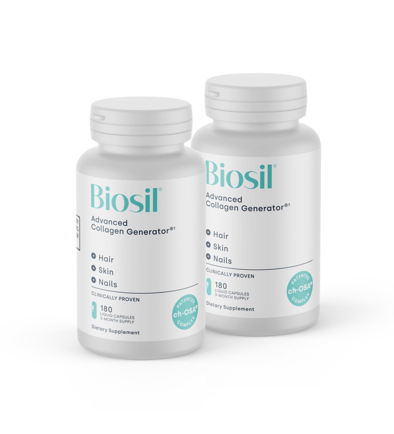Biosil Collagen Booster Supplement - 180 Liquid Capsules Pack of 2 - Patented ch-OSA Activator for Skin Hair Nails & Joints - Supports Natural Production - 180-Day Supply 180 Liquid Capsules (Pack of 2) - Buy Online on GoSupps.com