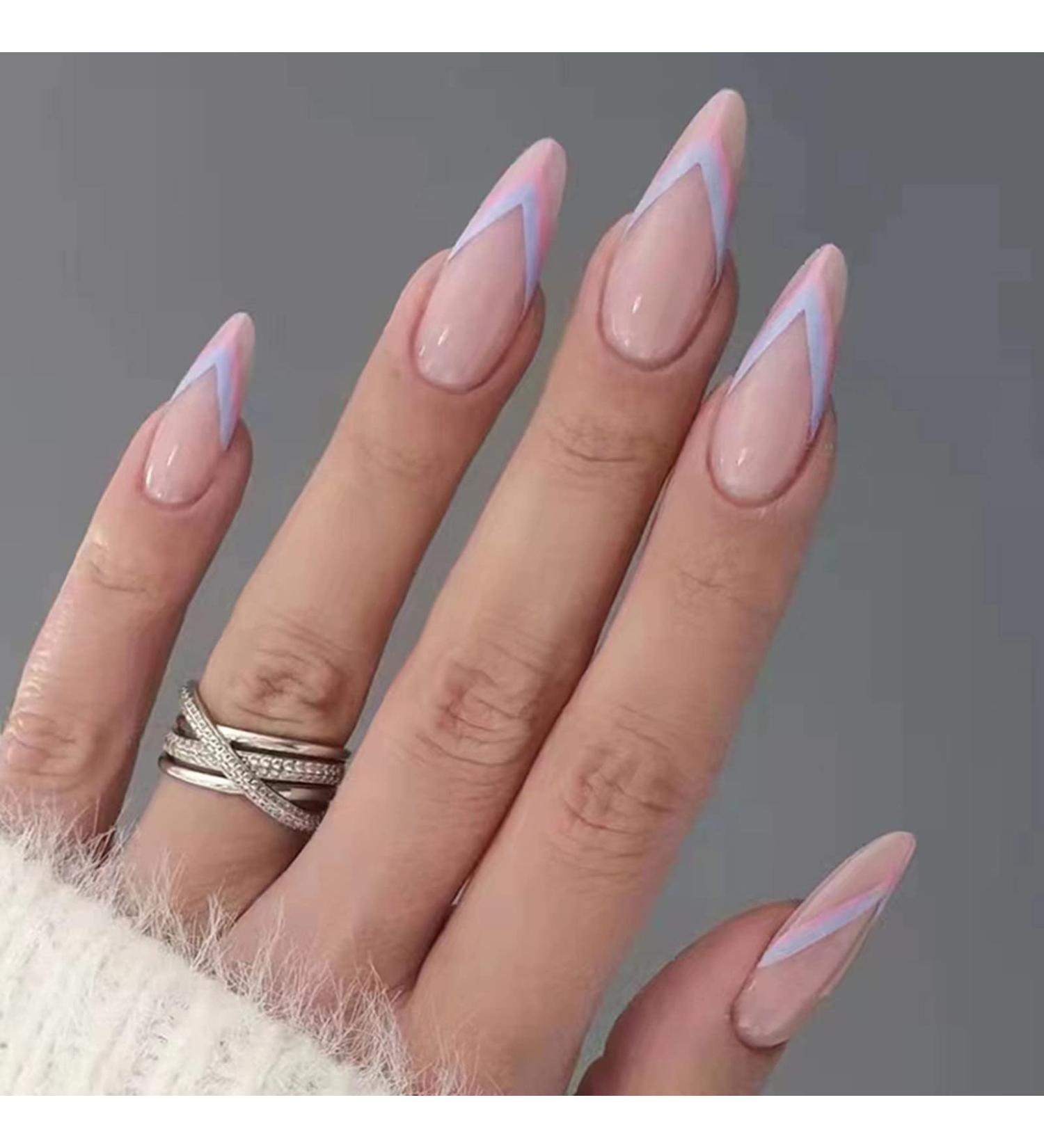 Justotry 24-Piece Press-On Nails - Short Pink & Light Blue Almond Acrylic Nails with Designs - Nude French Fake Nails for Women & Girls - Buy Online on GoSupps.com