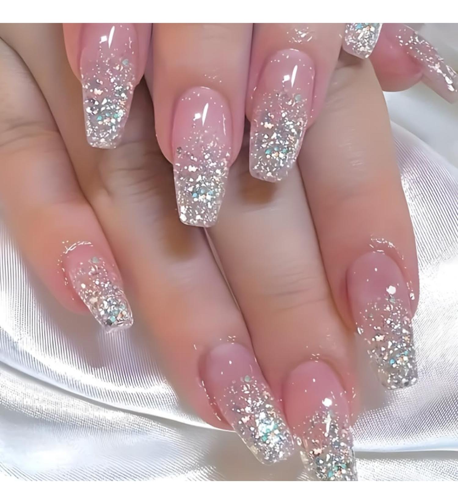 Shop Moyouglow Medium Press On Nails - Ballerina Pink Gradient Jelly with Silver Glitter | Artificial Fingernails with Nail Glue - Perfect Natural Ombre Shimmer - Buy Online on GoSupps.com