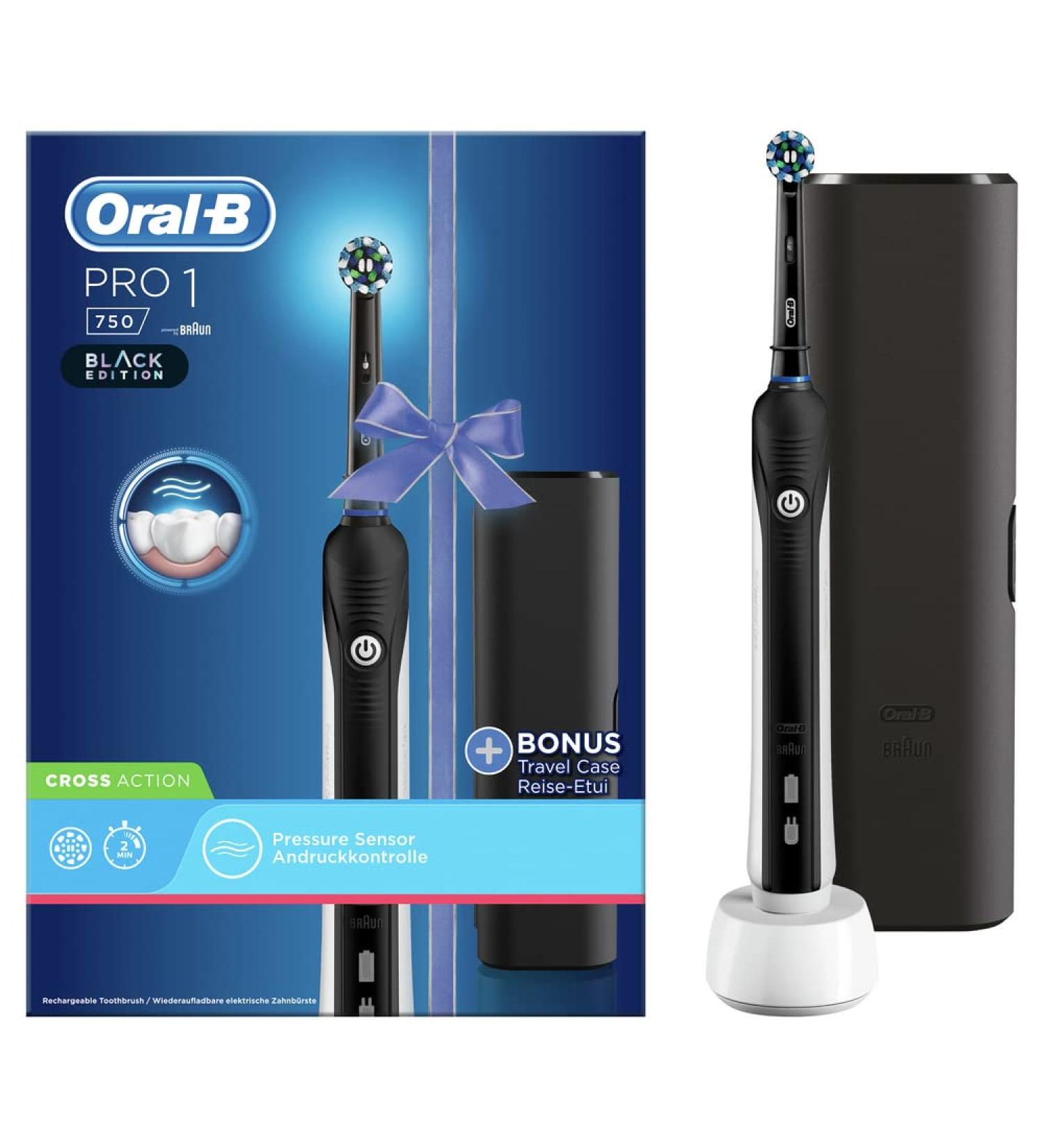 Buy Oral-B Pro 1 750 Black Edition Electric Toothbrush - Deep Cleaning Pressure Sensor Timer Travel Case & Cross Action Brush - International Shipping Available - Buy Online on GoSupps.com