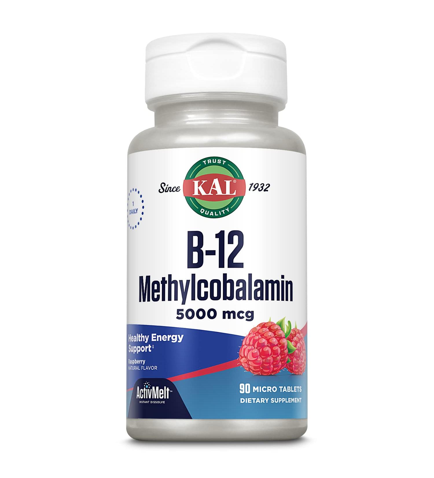 KAL Vitamin B12 Methylcobalamin 5000mcg | Healthy Energy & Metabolism Support | Fast Dissolve ActivMelts | Natural Raspberry Flavor | 90 Servings - Buy Online on GoSupps.com