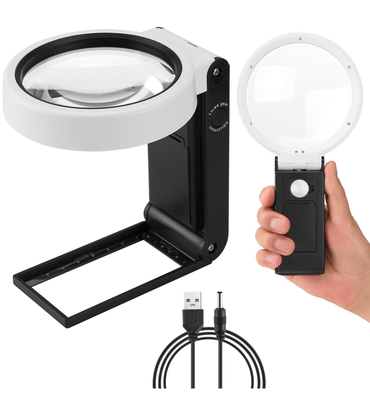 Anourney 15X 35X Magnifying Glass with Light, Stand & LED Illumination - Folding Handheld Standing Magnifier for Seniors, Coins, Stamps, Map, Jewelry - 80MM - Buy Online on GoSupps.com