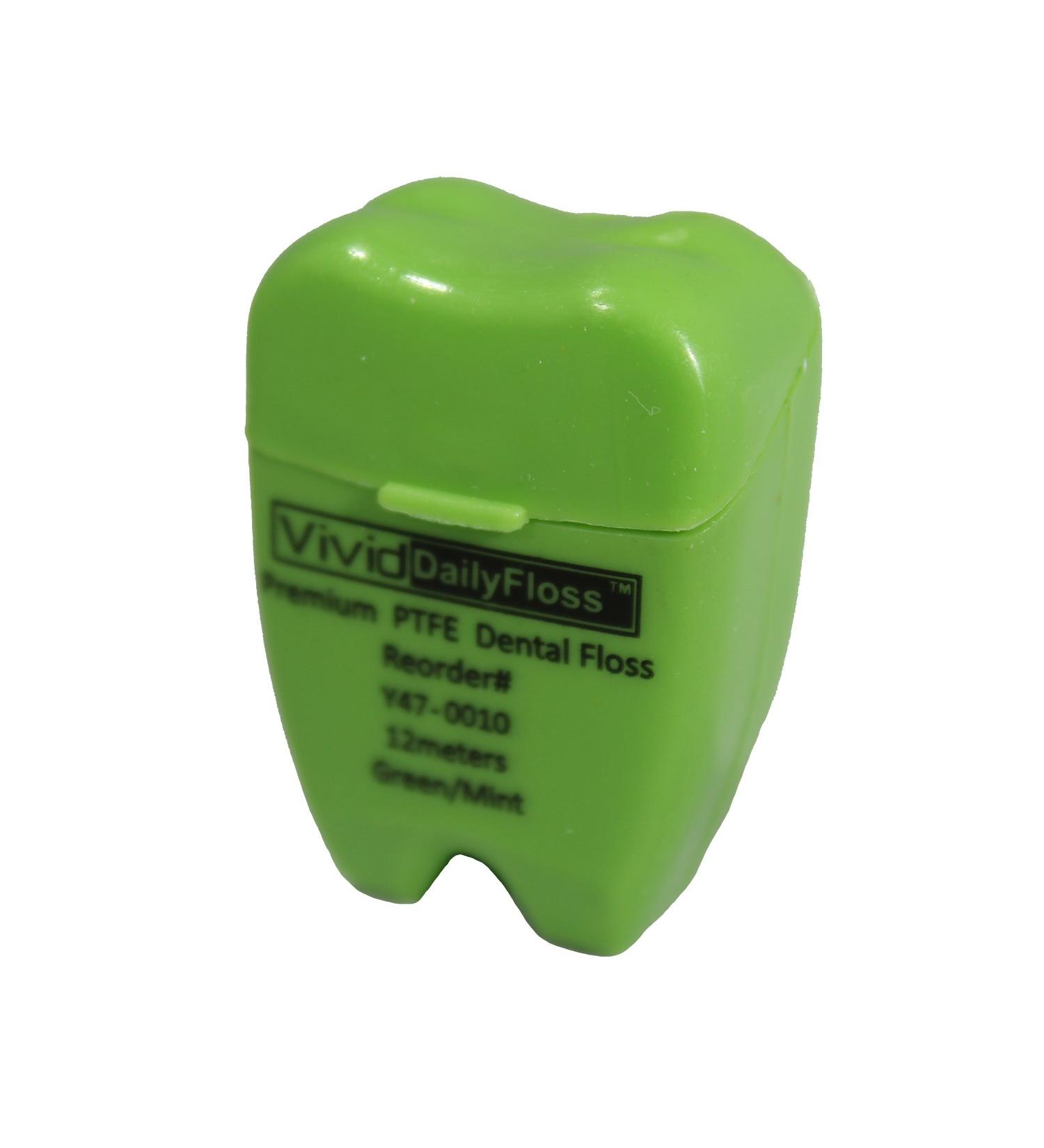 Vivid Premium Flavored PTFE Dental Floss With Color Coded Tooth Shape Case 12 Meters Pack of 72 (Mint PTFE Floss)
