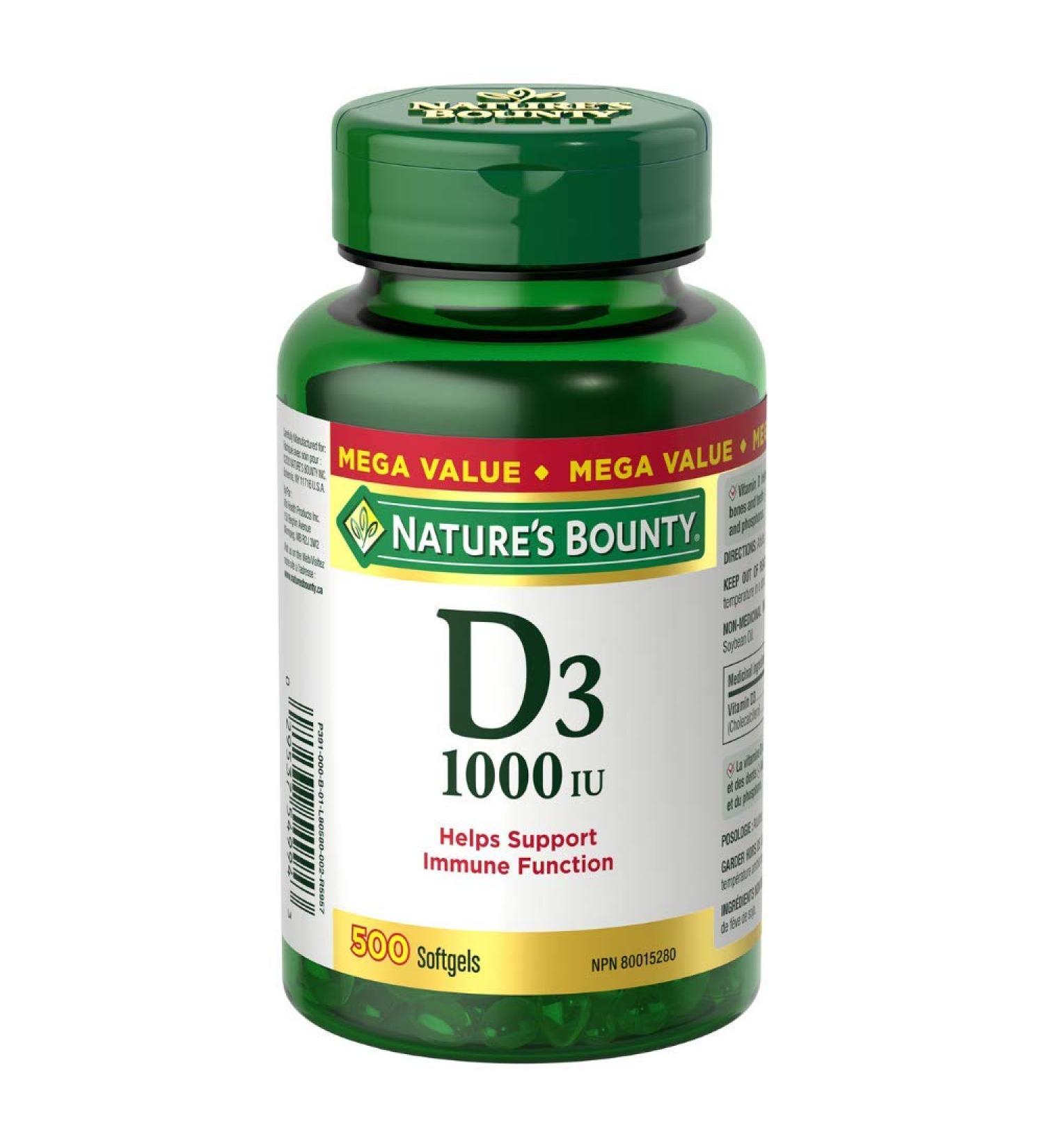 Nature's Bounty Vitamin D3 Pills and Supplement Helps Support Immune Function 1000iu 500 Softgels - Buy Online on GoSupps.com