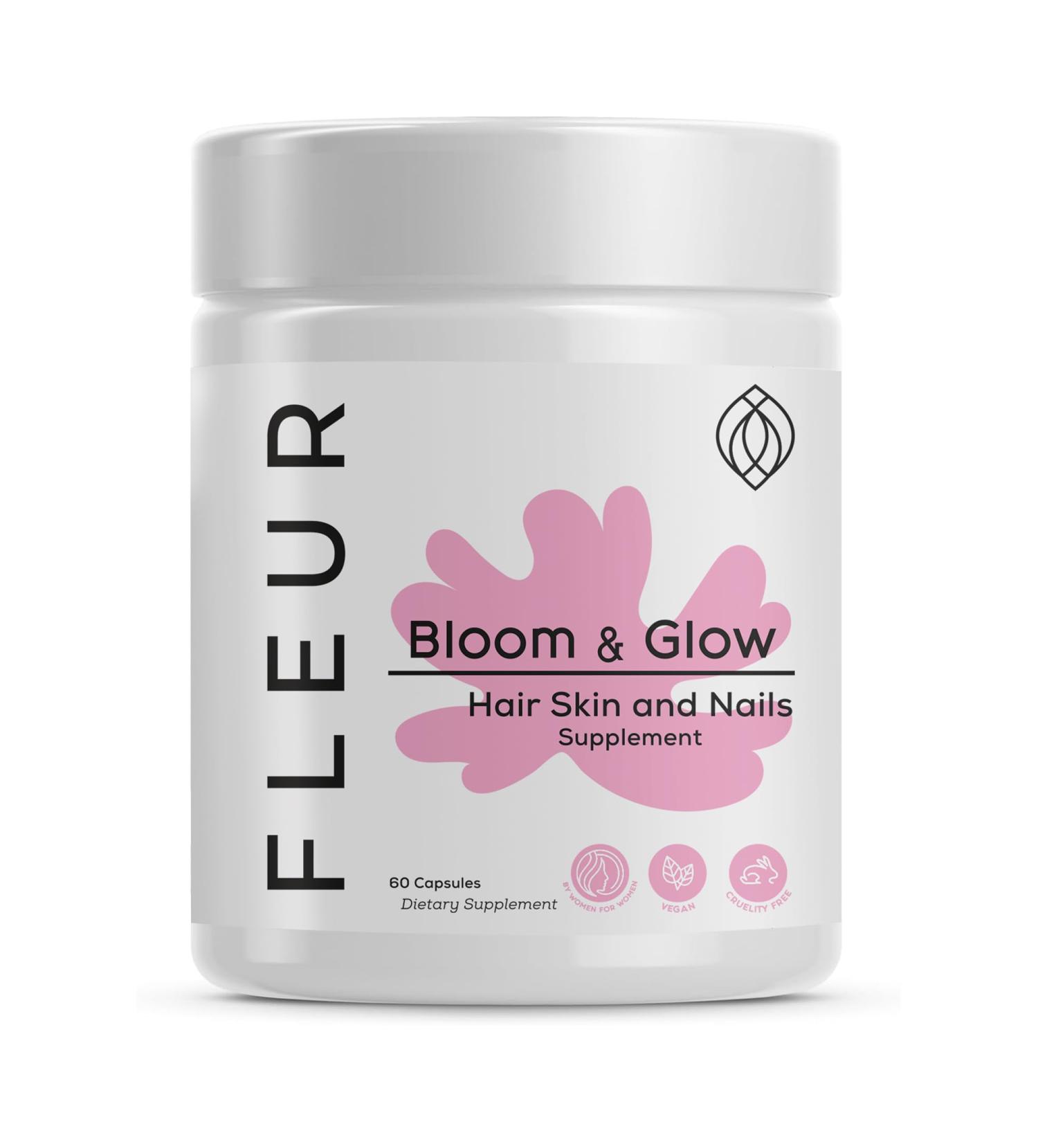 FLEUR Bloom & Glow Hair Skin and Nails Gummies Hair Growth Supplement with Biotin & Inositol Antioxidant Rich Vitamin A C & E for Skin and Nail Repair Sugar-Free 60 Vegan Gummies - Buy Online on GoSupps.com