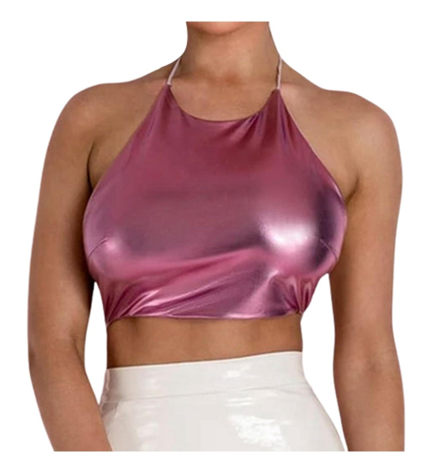 Shop BH Wide Straps Backless Sexy PU Top for Women Pink Nightclub Vest with Hollow Neckholder - Buy Online on GoSupps.com