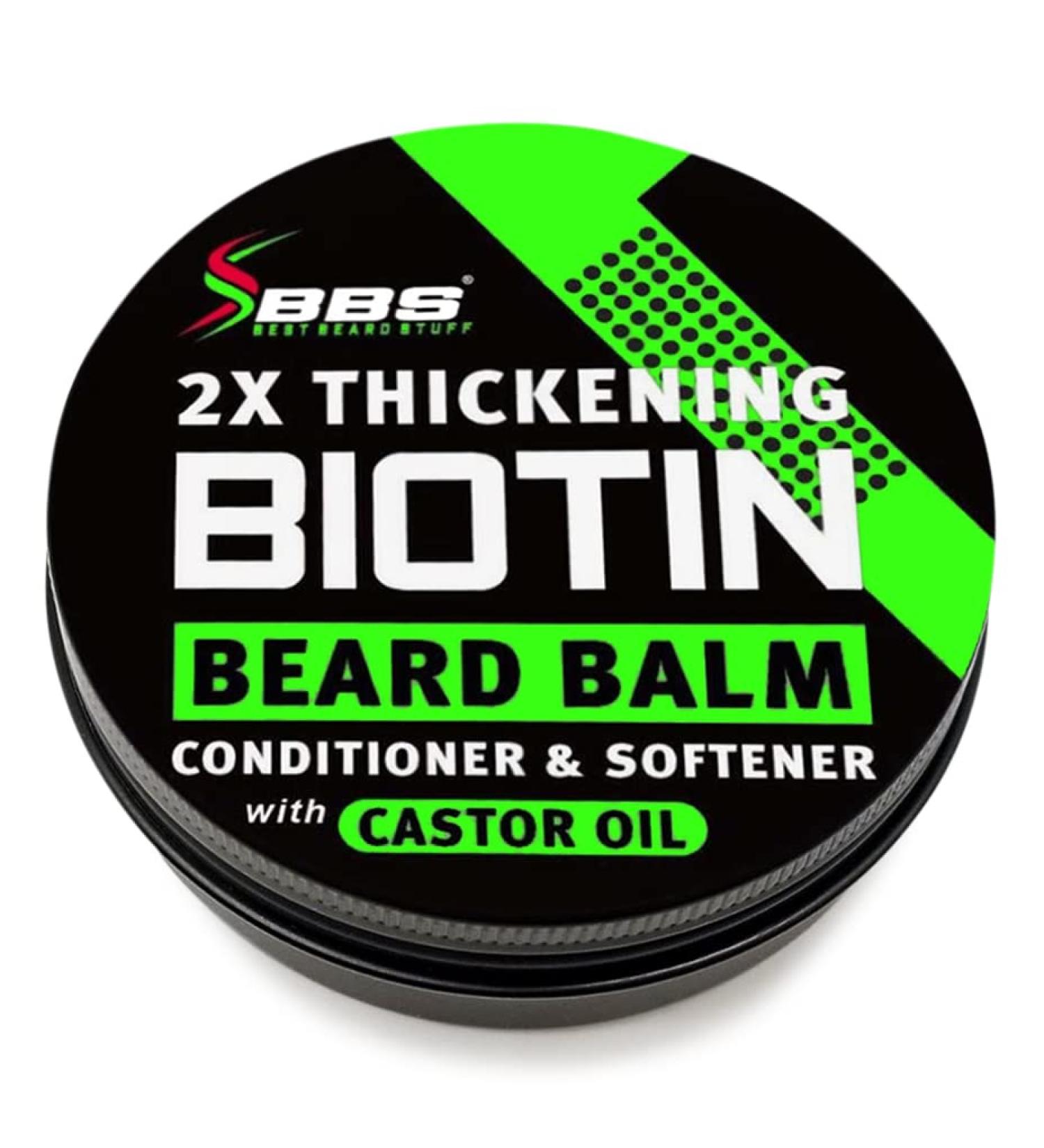 BIOTIN Beard Balm for Men - Thickening Mustache Wax for Facial Hair Growth - Leave-in Conditioner, Softener & Moisturizer - Natural Treatment with Castor Oil - BBS USA Vegan Product - Buy Online on GoSupps.com