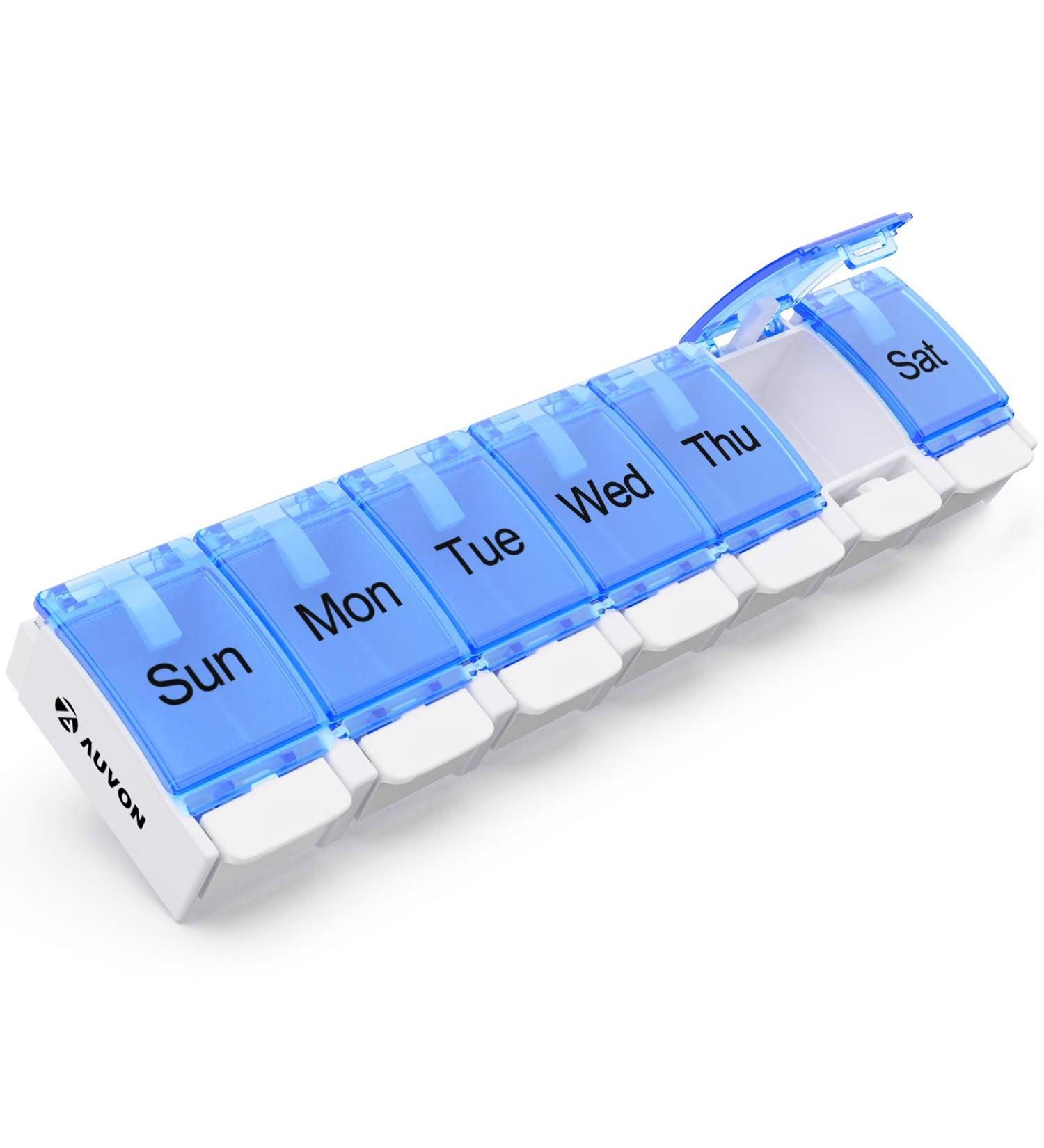 AUVON Weekly Pill Organizer Arthritis Friendly - 7 Day Spring Open Design, Large Compartment - Blue - Buy Online on GoSupps.com